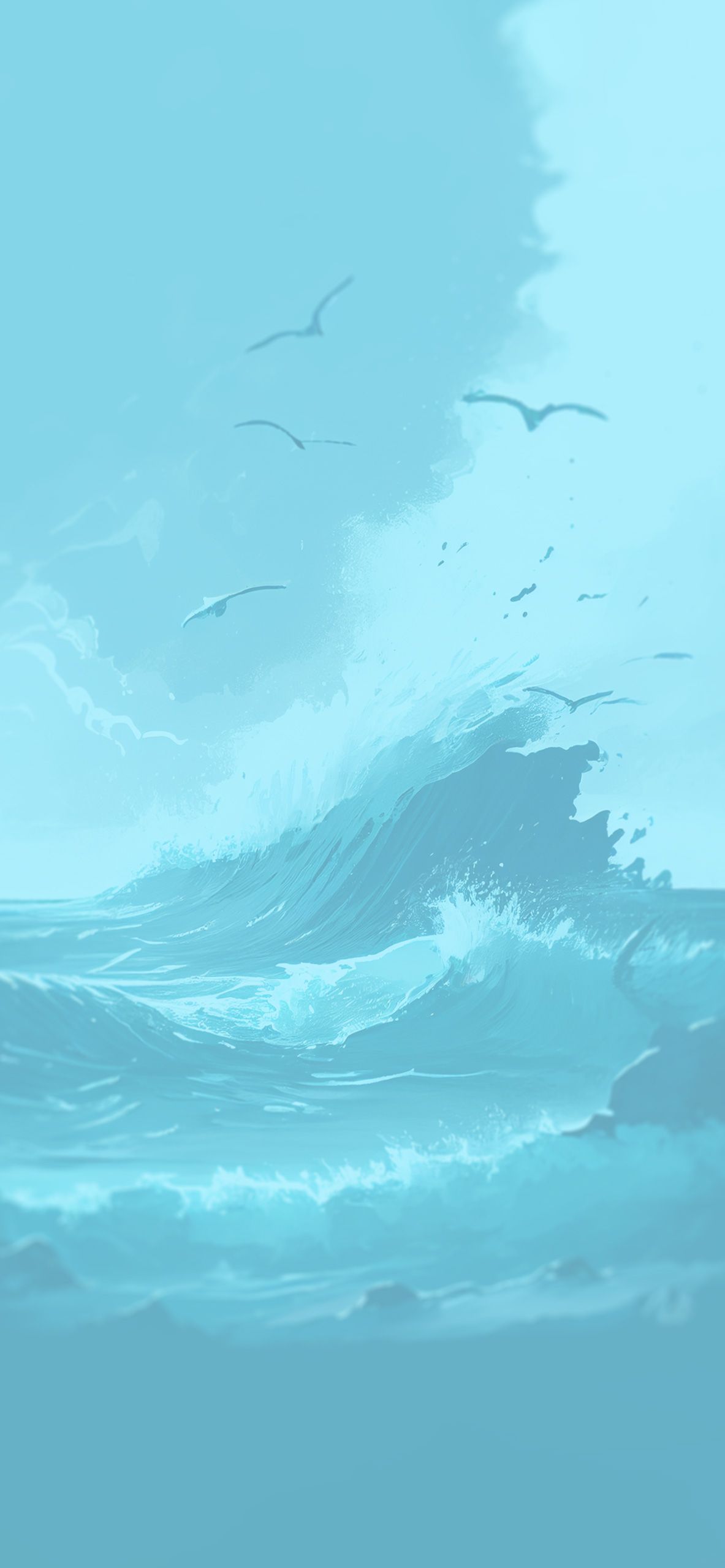 Welle, Möwen, Illustration, Hellblau, Minimalistisch, Full HD, Hintergrundbild fürs Handy