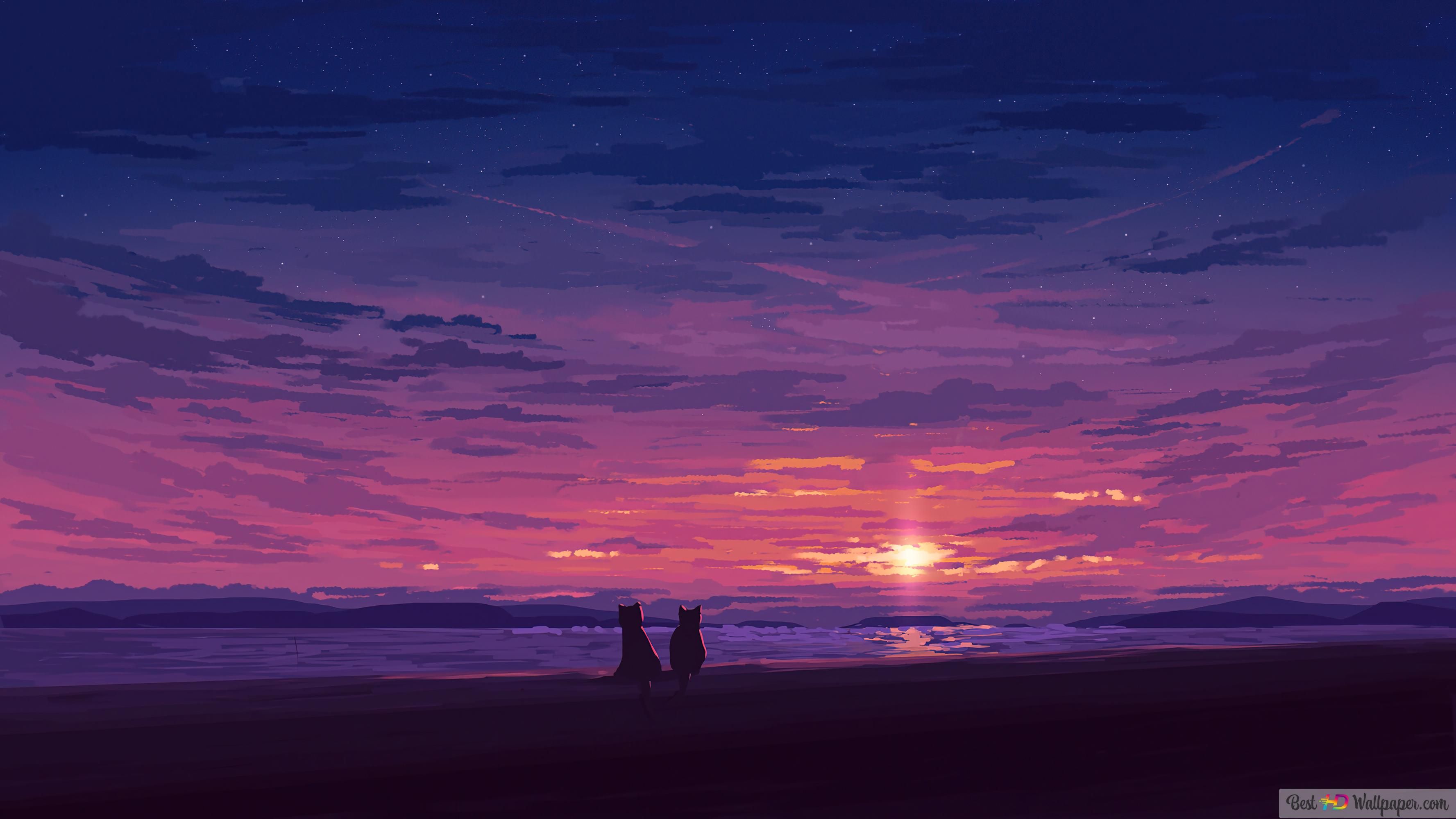Pixel Art, Sonnenuntergang, Katzen, Lila Himmel, Silhouette, 2K, Laptop-Hintergrundbild