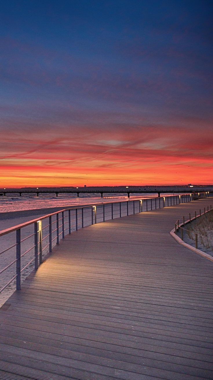 Holzsteg, Sonnenuntergang, Promenade, Abendrot, Meer, Hochformat, Hintergrundbild fürs Smartphone