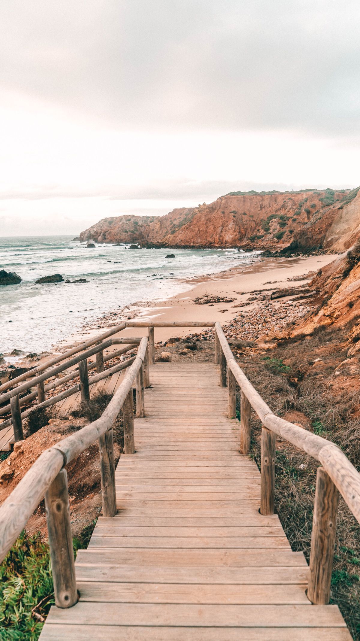 Holztreppe, Klippen, Küste, Meer, Hell, Full HD, Sperrbildschirm fürs iPhone