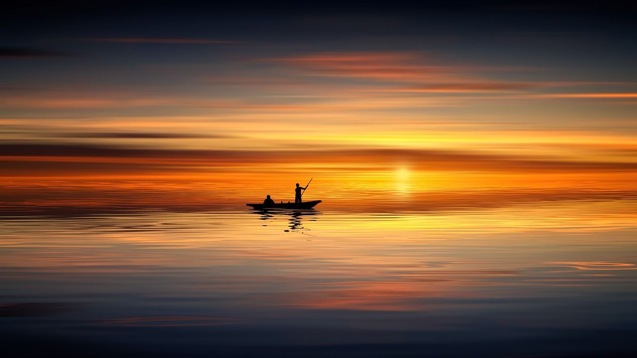 Boot, Fischer, Silhouette, Ruhiges Wasser, Goldener Himmel, HD, Laptop-Hintergrundbild