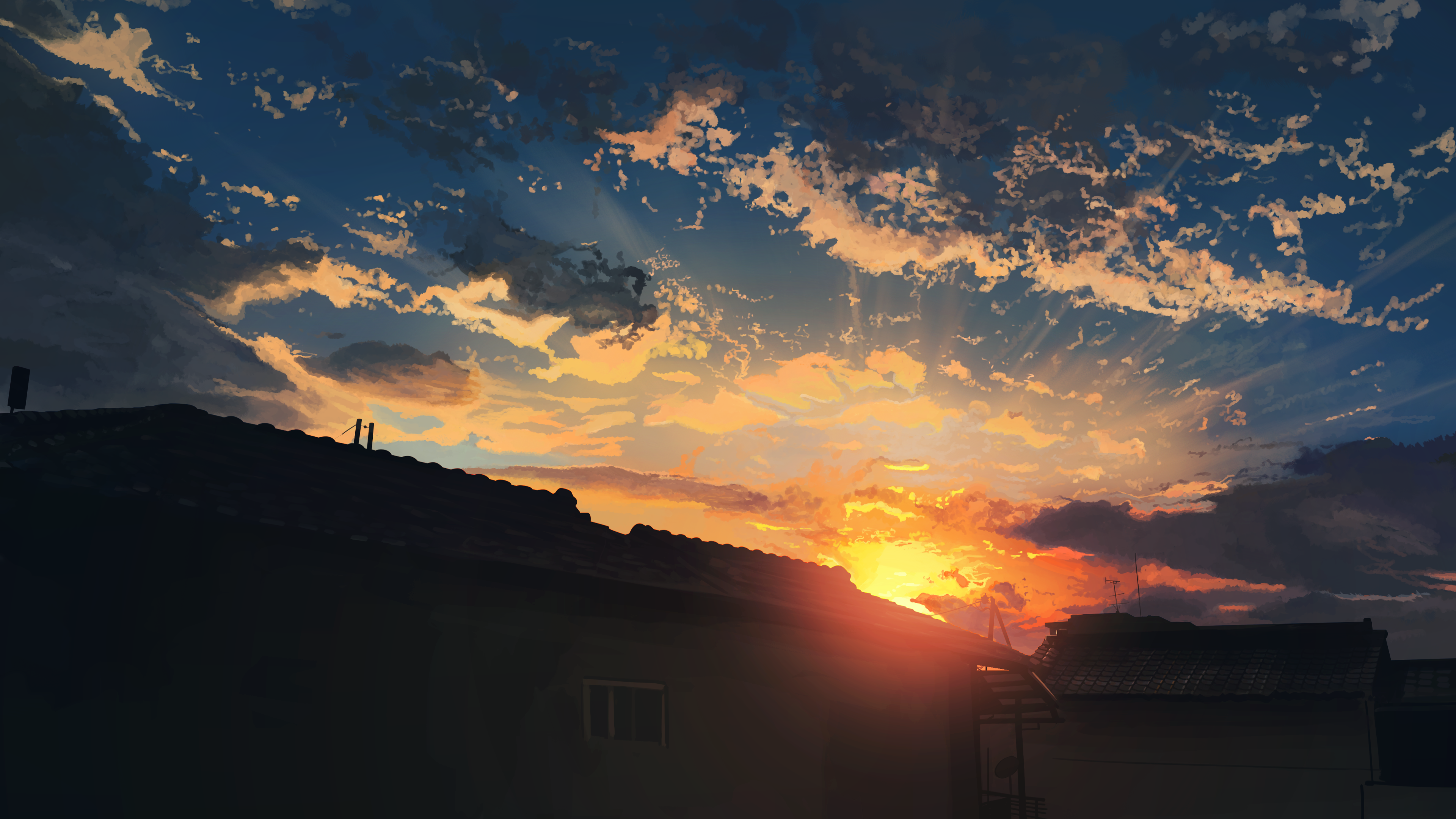 Anime-Stil, Wolken, Sonnenstrahlen, Häuser, Silhouette, 16:9, 4K-Hintergrundbild für den Desktop