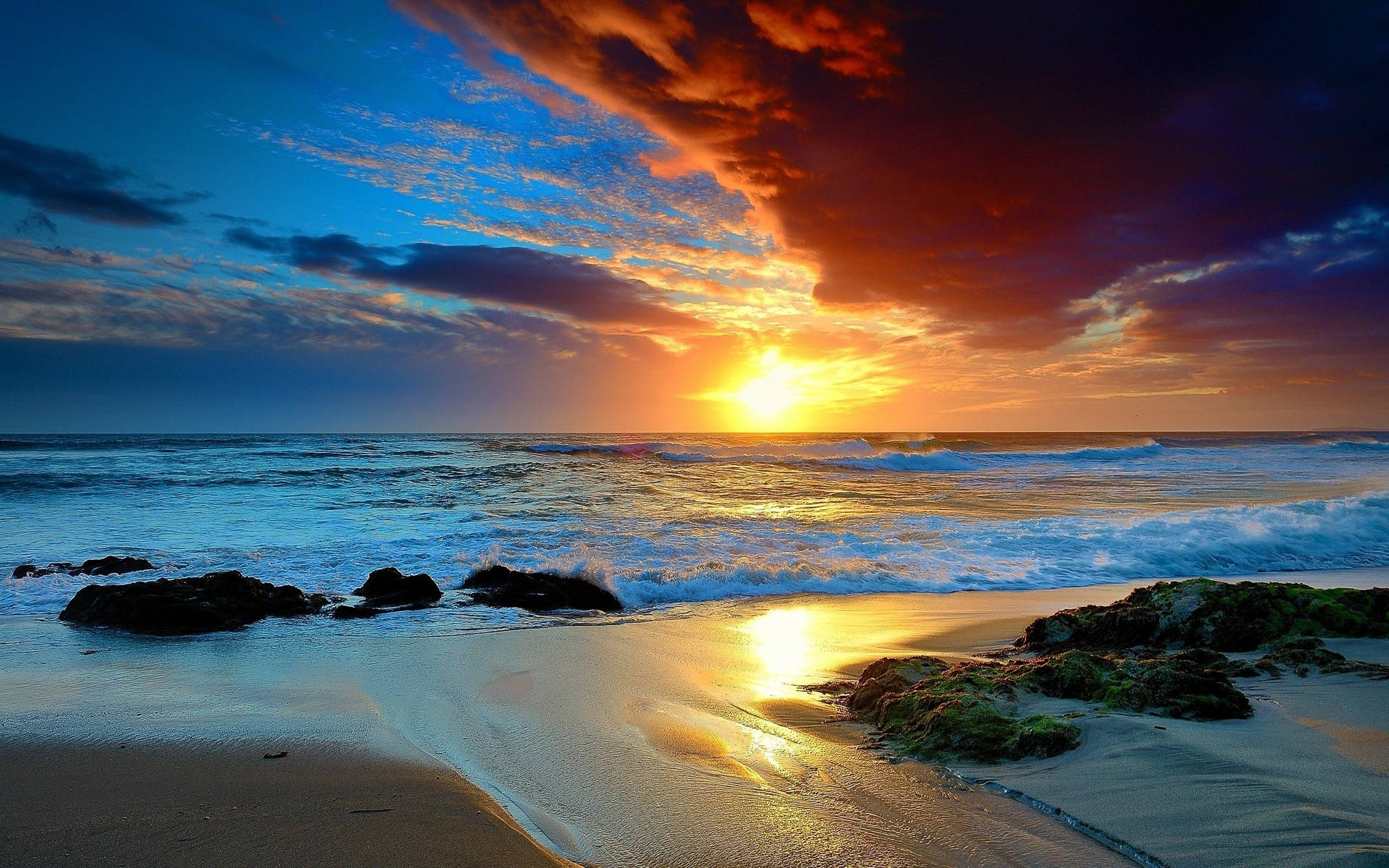 Sonnenuntergang, Felsen, Dramatischer Himmel, Meer, Orange, Full HD, Breitbild-Hintergrundbild
