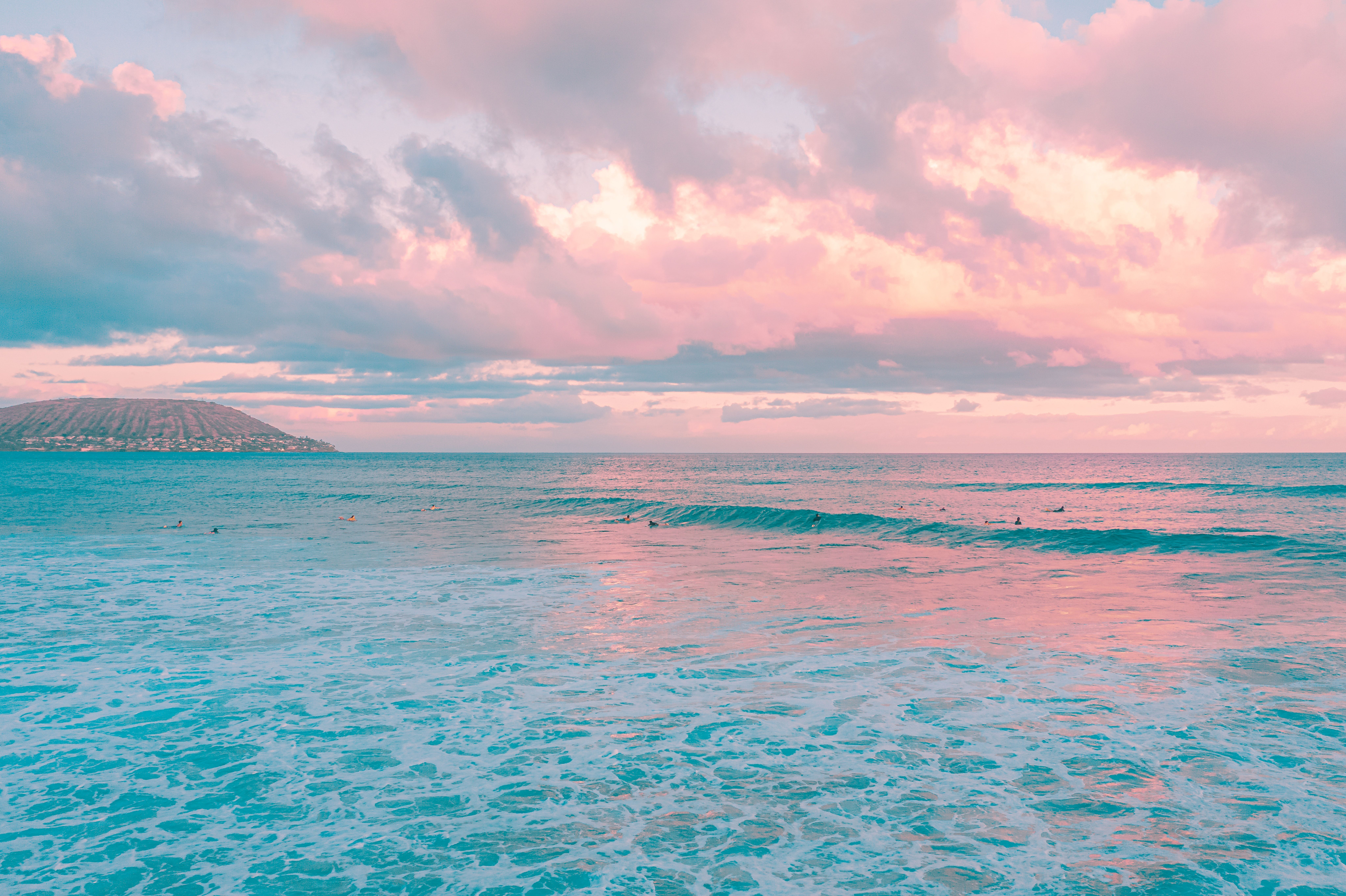 Meer, Insel, Rosa Wolken, Türkises Wasser, Horizont, 8K, Desktop-Hintergrund für Windows