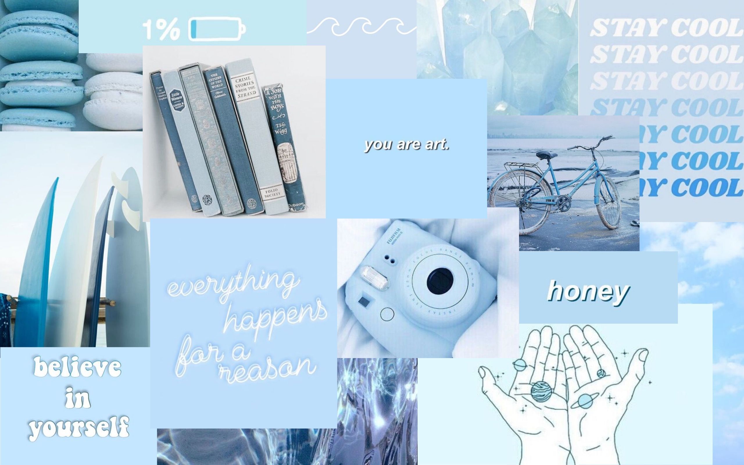 Collage, Stay Cool, Hellblau, Zitate, Sofortbildkamera, 16:10, 2K-Hintergrundbild für den Desktop