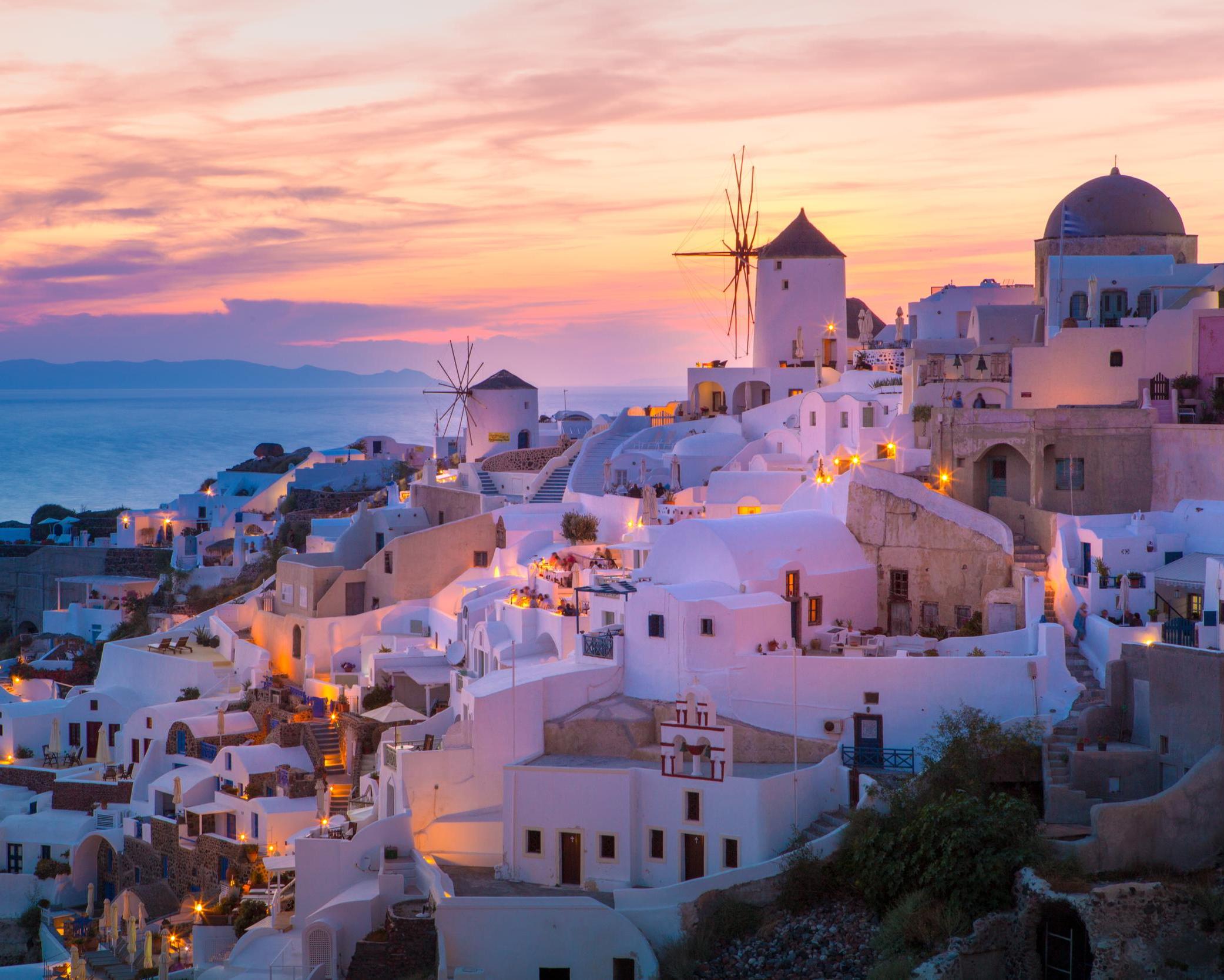 Oia, Santorin, Windmühle, Rosa Himmel, Kuppeln, Full HD, Desktop-Hintergrund für Windows
