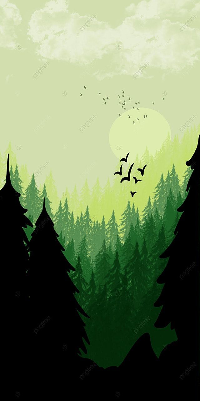 Tannen, Illustration, Vögel, Hellgrün, Silhouette, Hochformat, Hintergrundbild fürs Smartphone