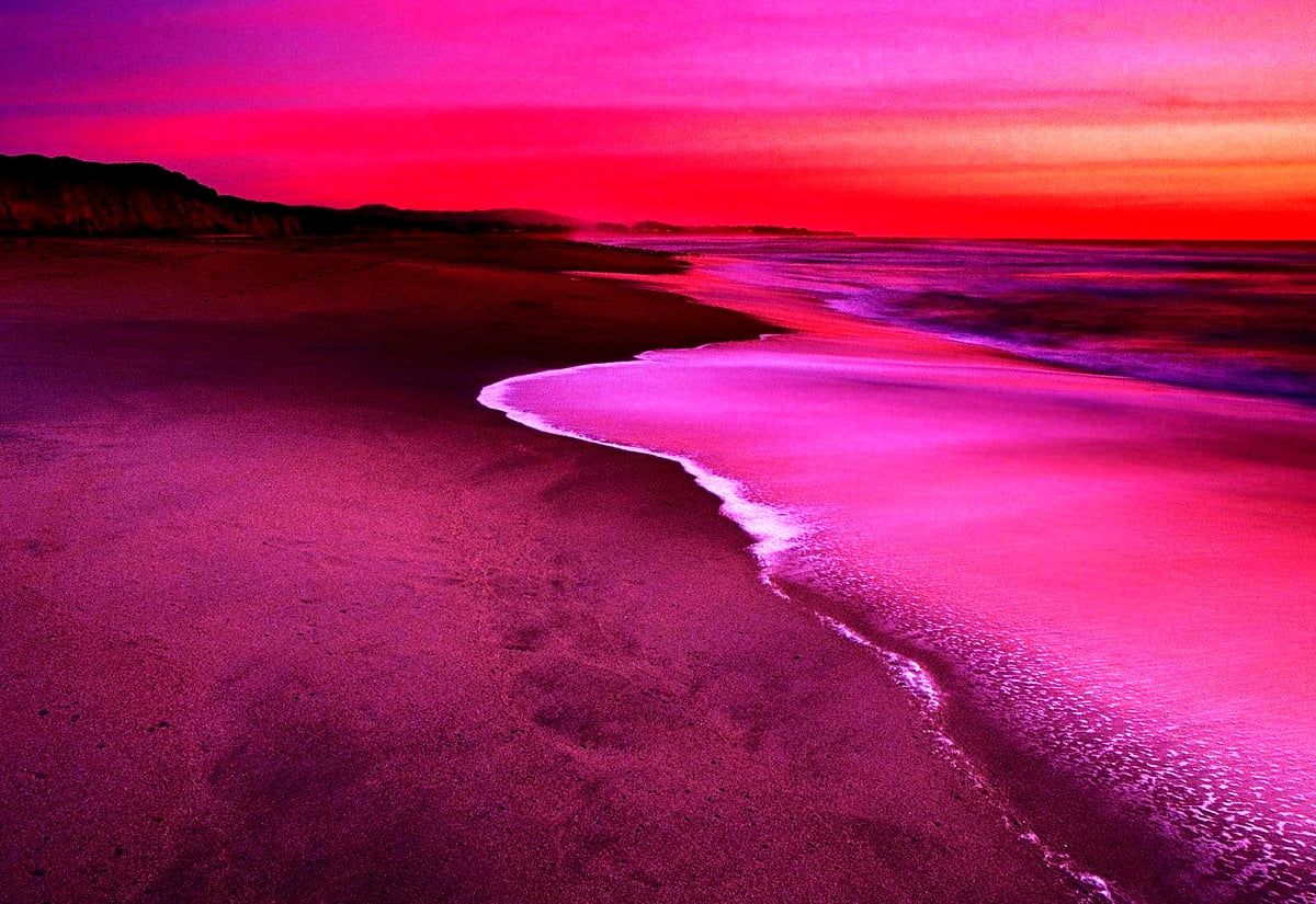 Pinker Himmel, Magenta, Sandstrand, Wellen, Surreal, Hintergrund