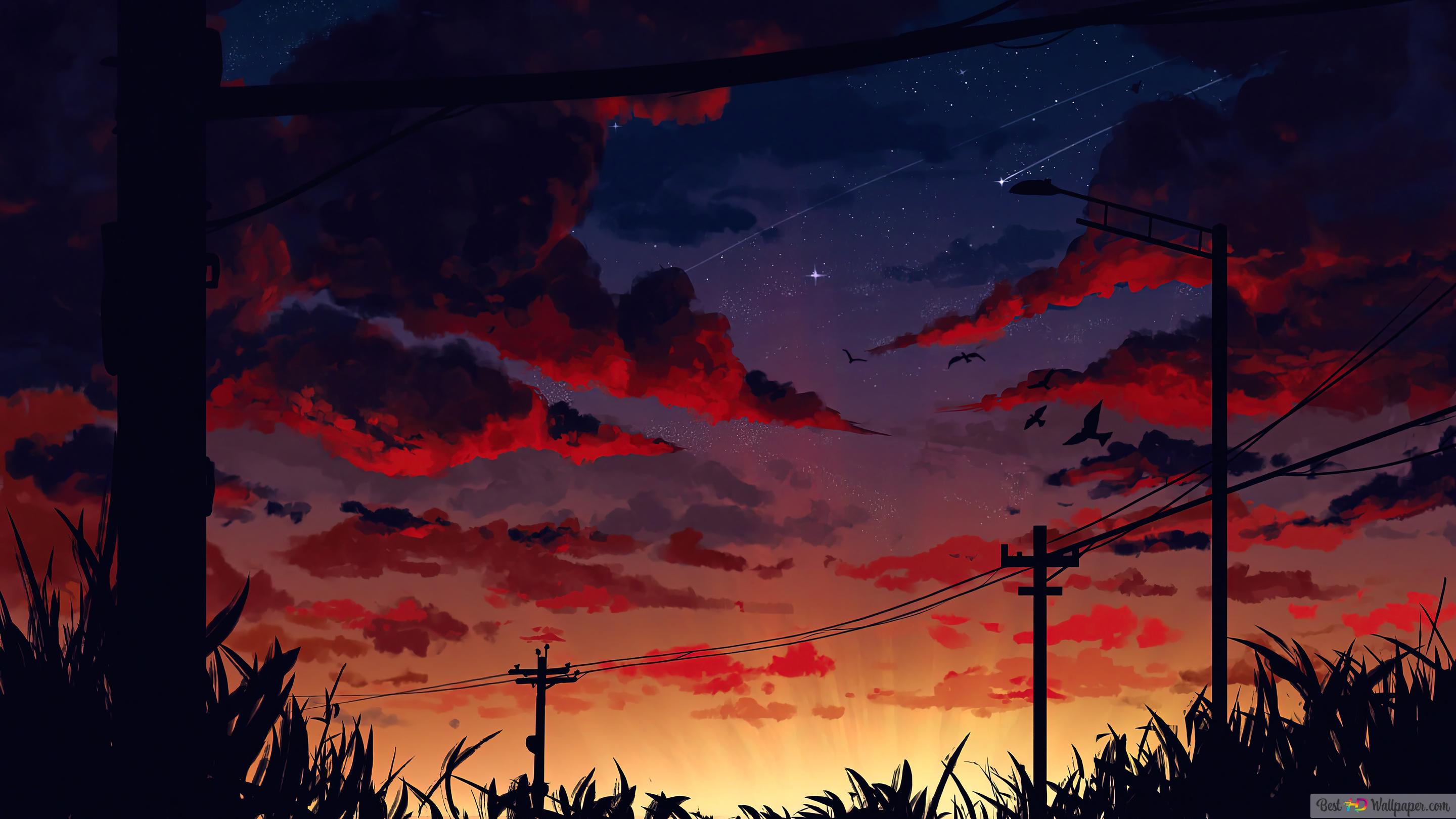 Anime-Stil, Stromleitungen, Roter Himmel, Wolken, Silhouette, 2K, Laptop-Hintergrundbild