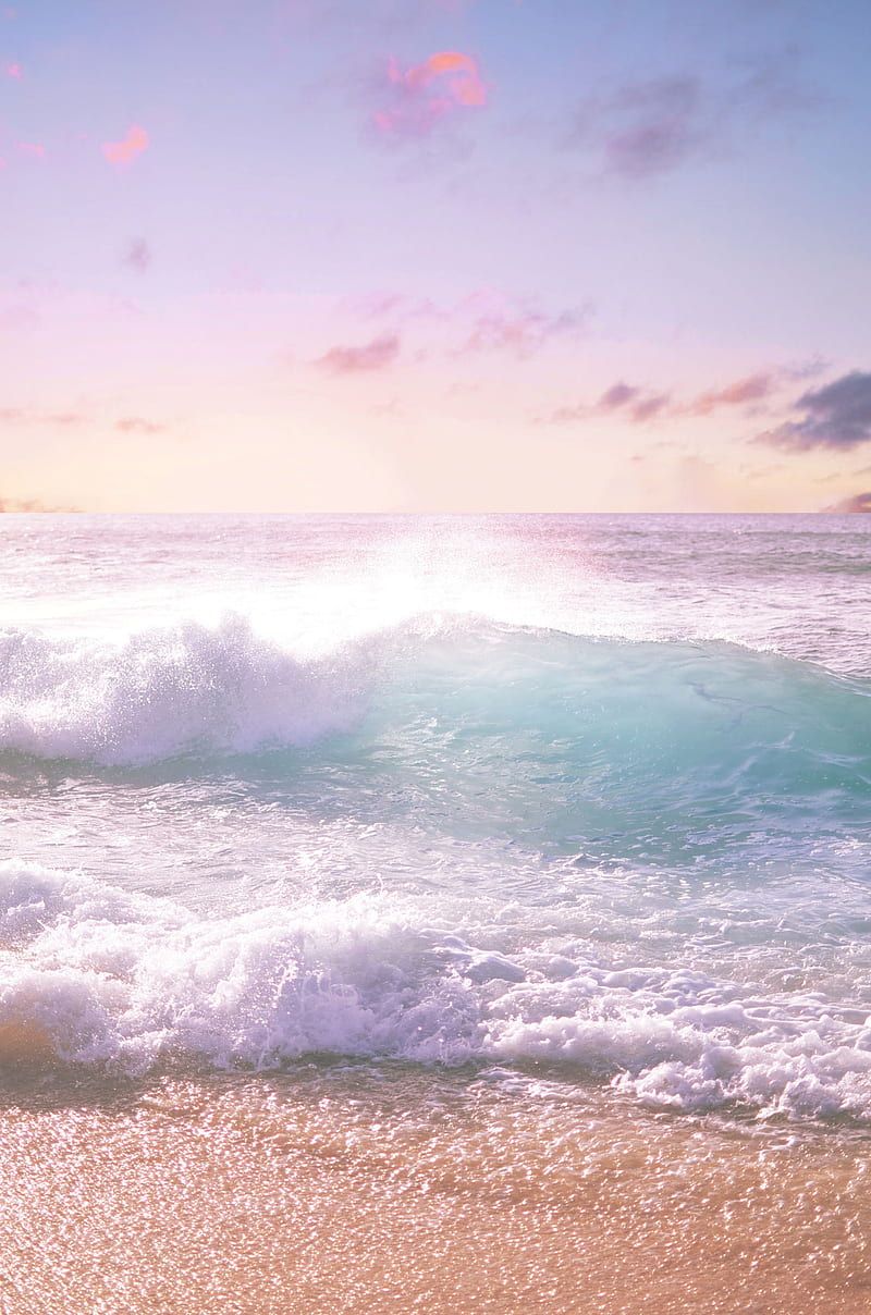 Wellen, Strand, Pastellhimmel, Brandung, Rosa, HD, Hintergrundbild fürs Handy