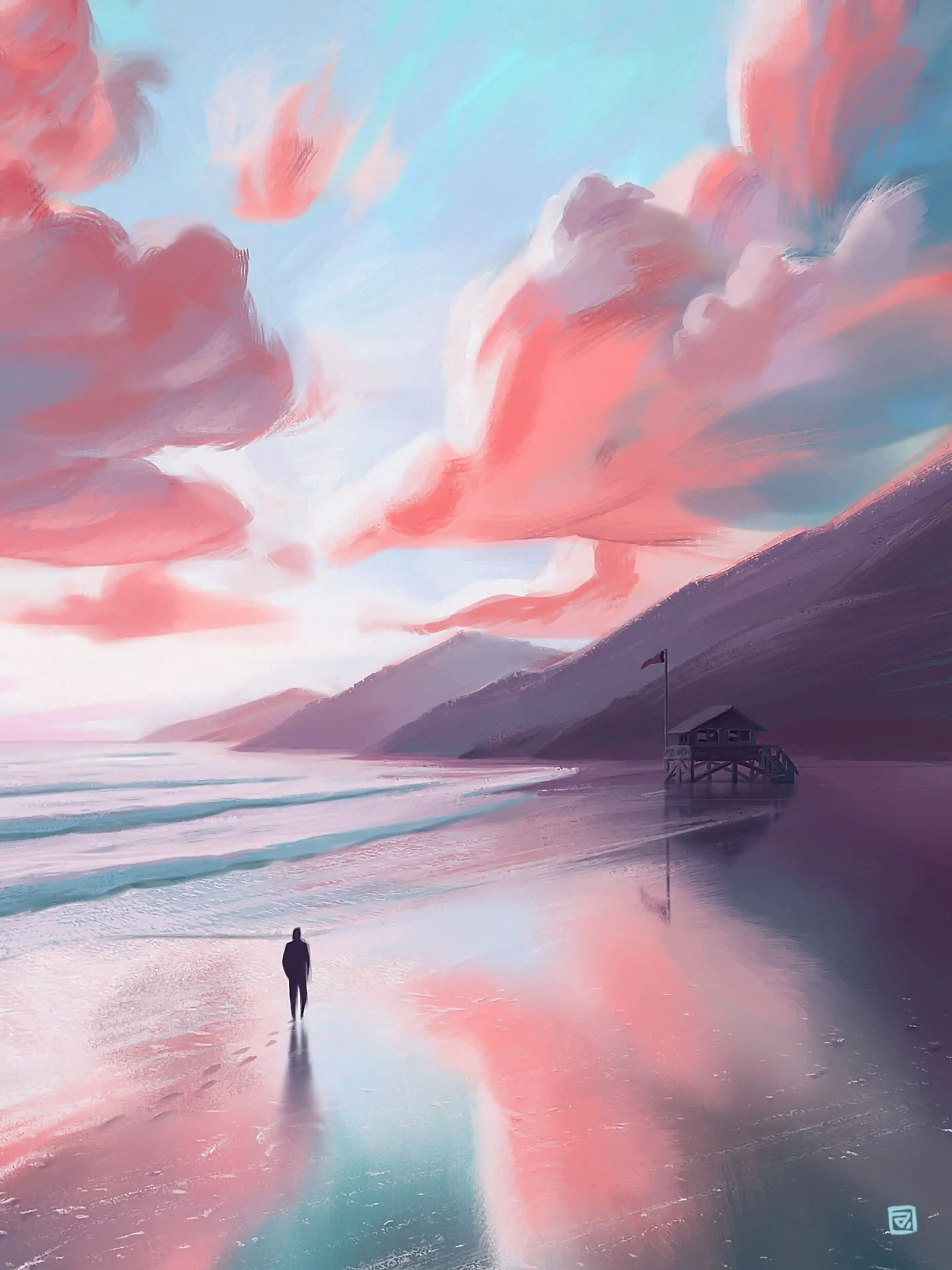 Digitale Malerei, Strand, Rosa Wolken, Person, Spiegelung, QHD+, iPad-Hintergrundbild