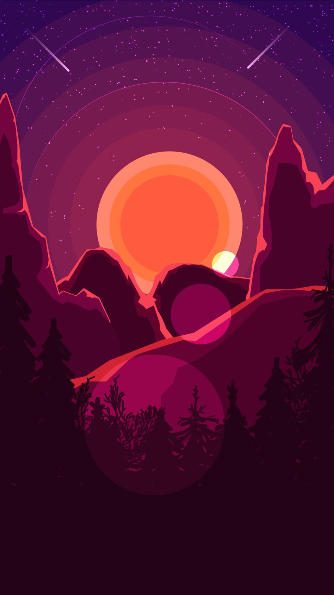 Illustration, Sonne, Berge, Pink und Lila, Flachdesign, Full HD, Sperrbildschirm fürs iPhone