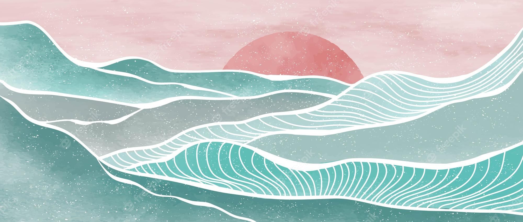 Wellen, Sonne, Linienkunst, Japanischer Stil, Mint, Rosa, Full HD, Laptop-Hintergrundbild