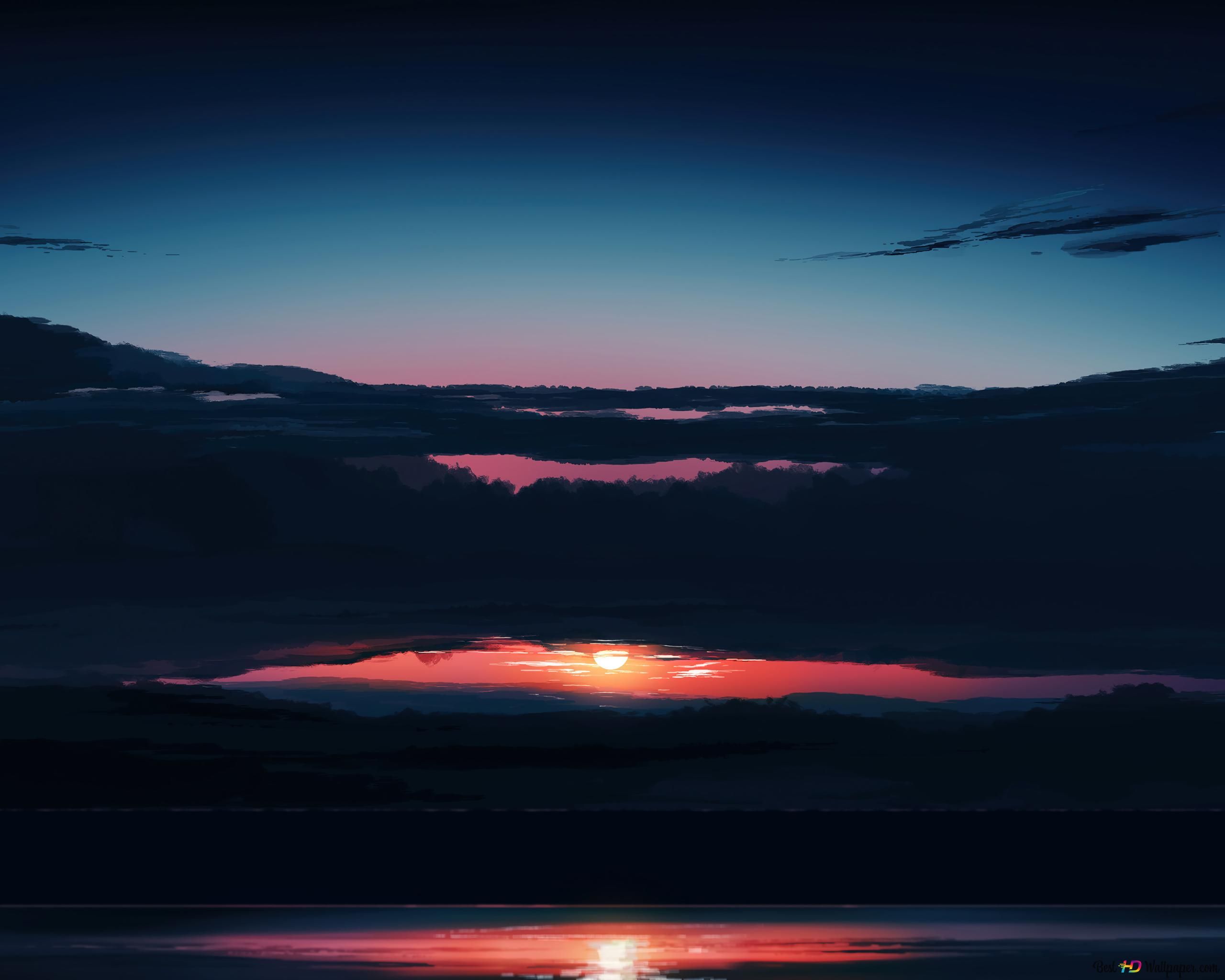 Sonnenuntergang, Dunkle Wolken, Horizont, Dunkelblau, Wasser, 2K-Hintergrundbild für PC