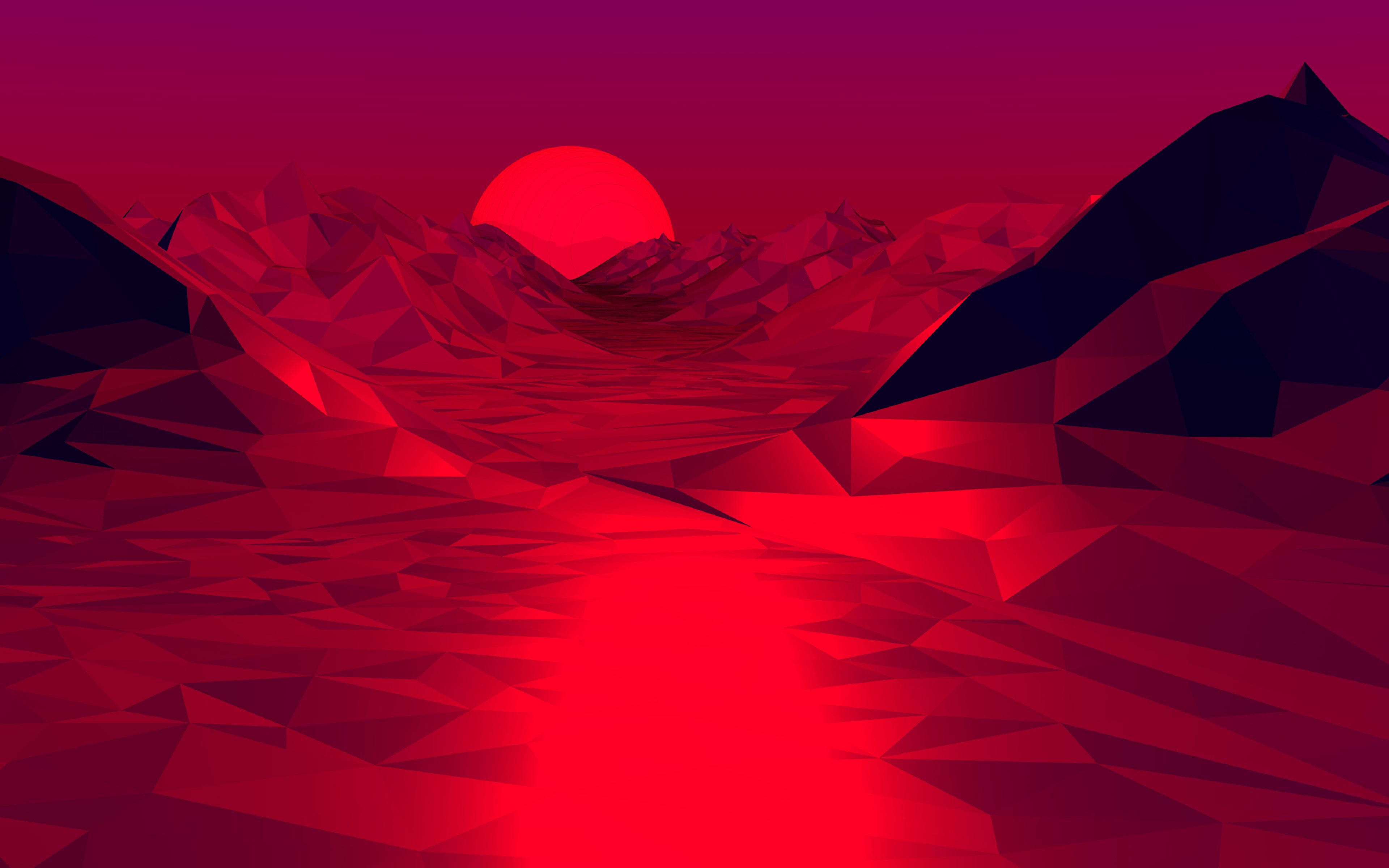 Low Poly, Rote Sonne, Berge, Rot, Digitale Kunst, 4K, Hintergrundbild für den PC