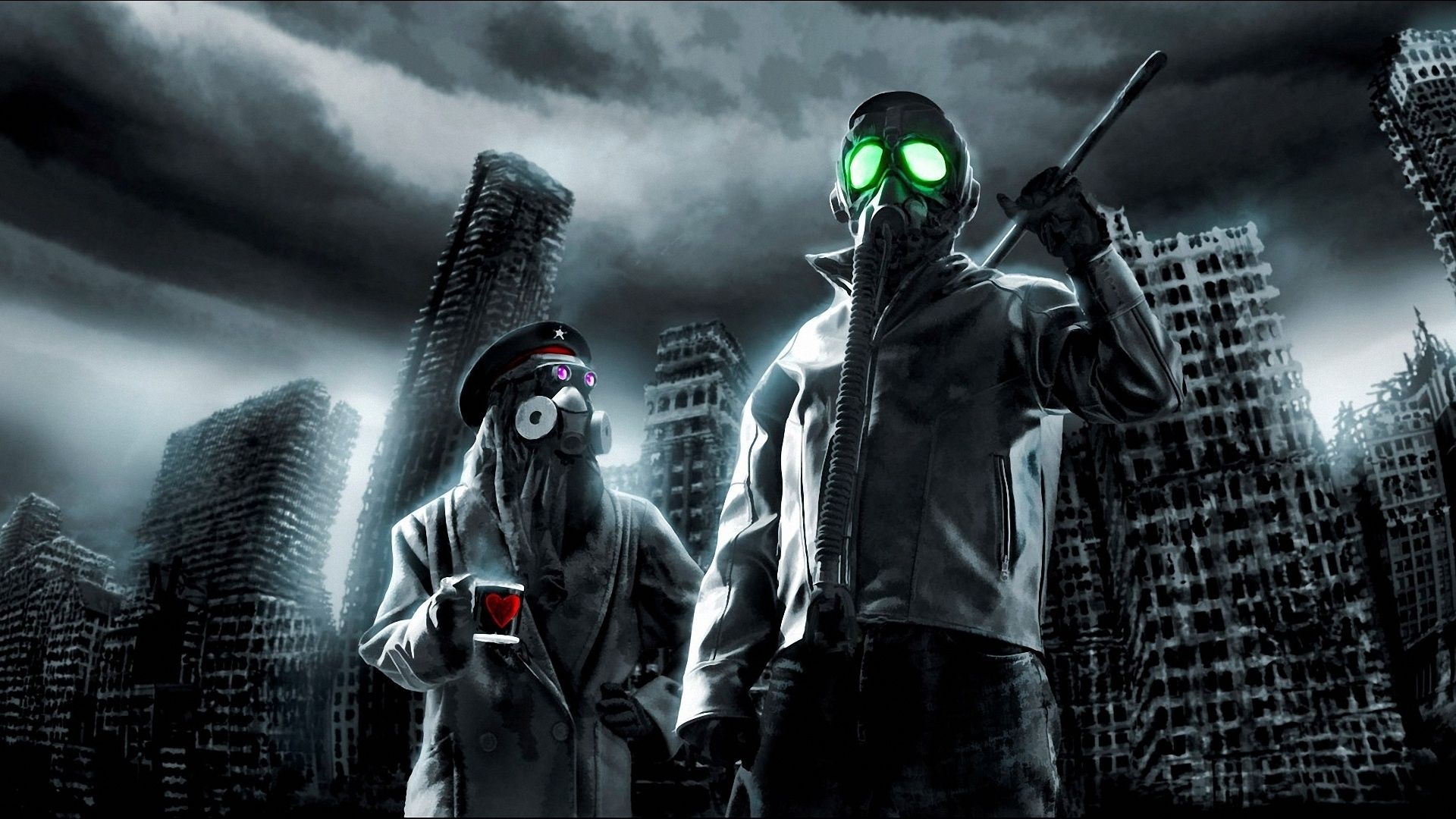 Gasmasken, Postapokalypse, Ruinen, Düster, Grün leuchtende Augen, Full HD, Windows-Hintergrundbild