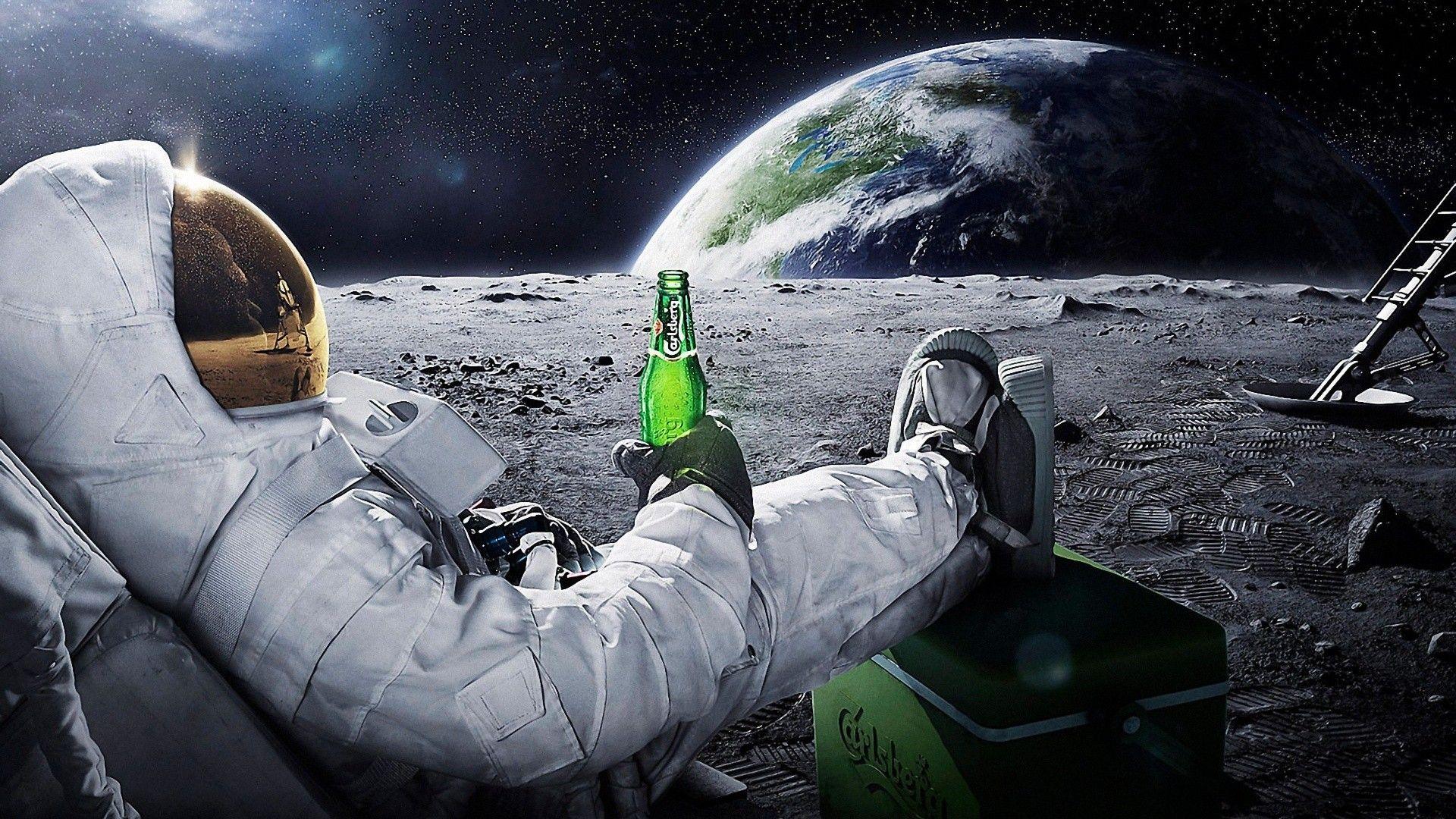 Astronaut, Mond, Bier, Erde, Entspannen, Humor, 1920x1080, Full-HD-Hintergrundbild für PC
