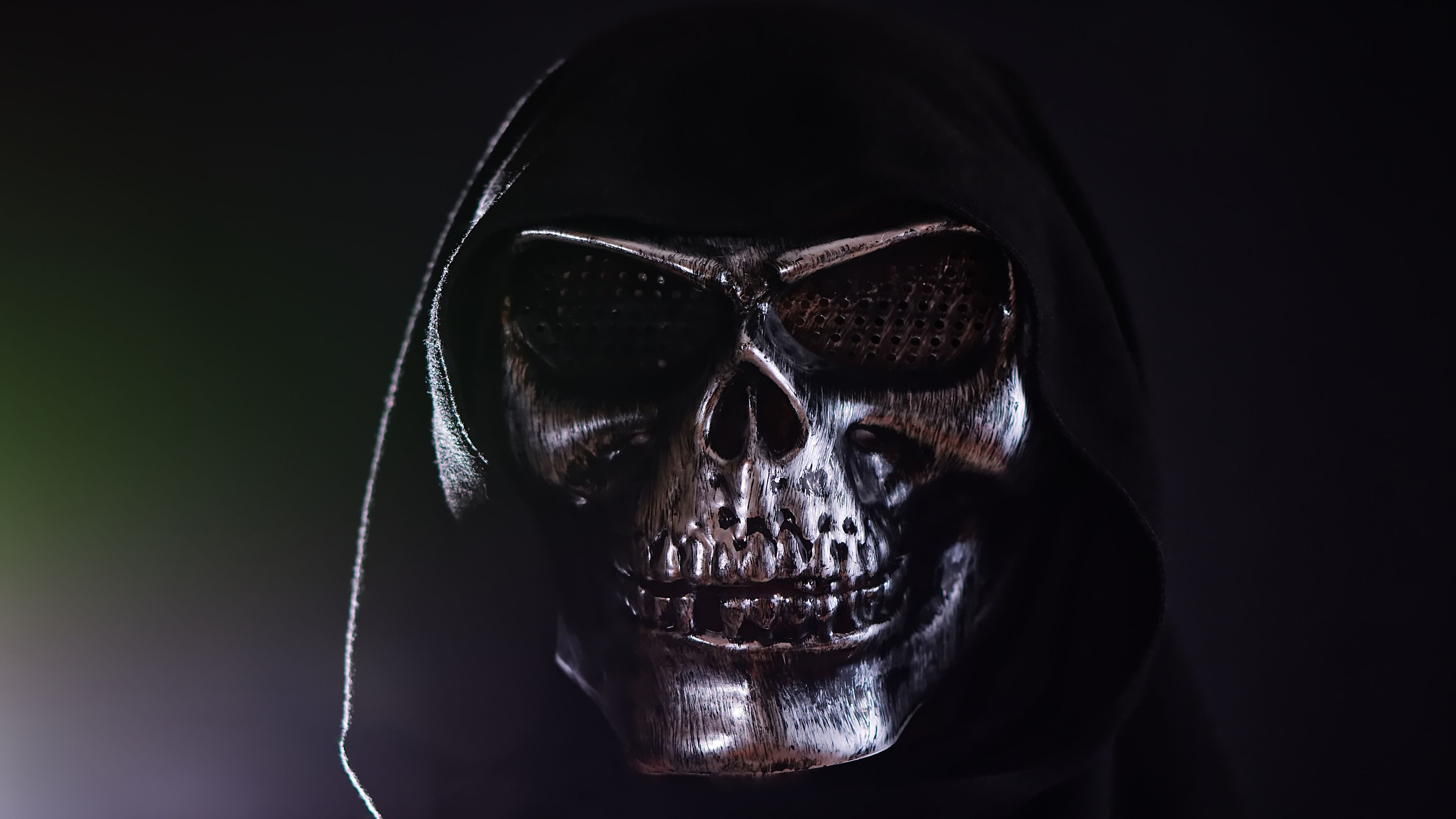 Totenkopf, Maske, Kapuze, Dunkel, Metall, 3840x2160, 4K-Hintergrundbild für PC
