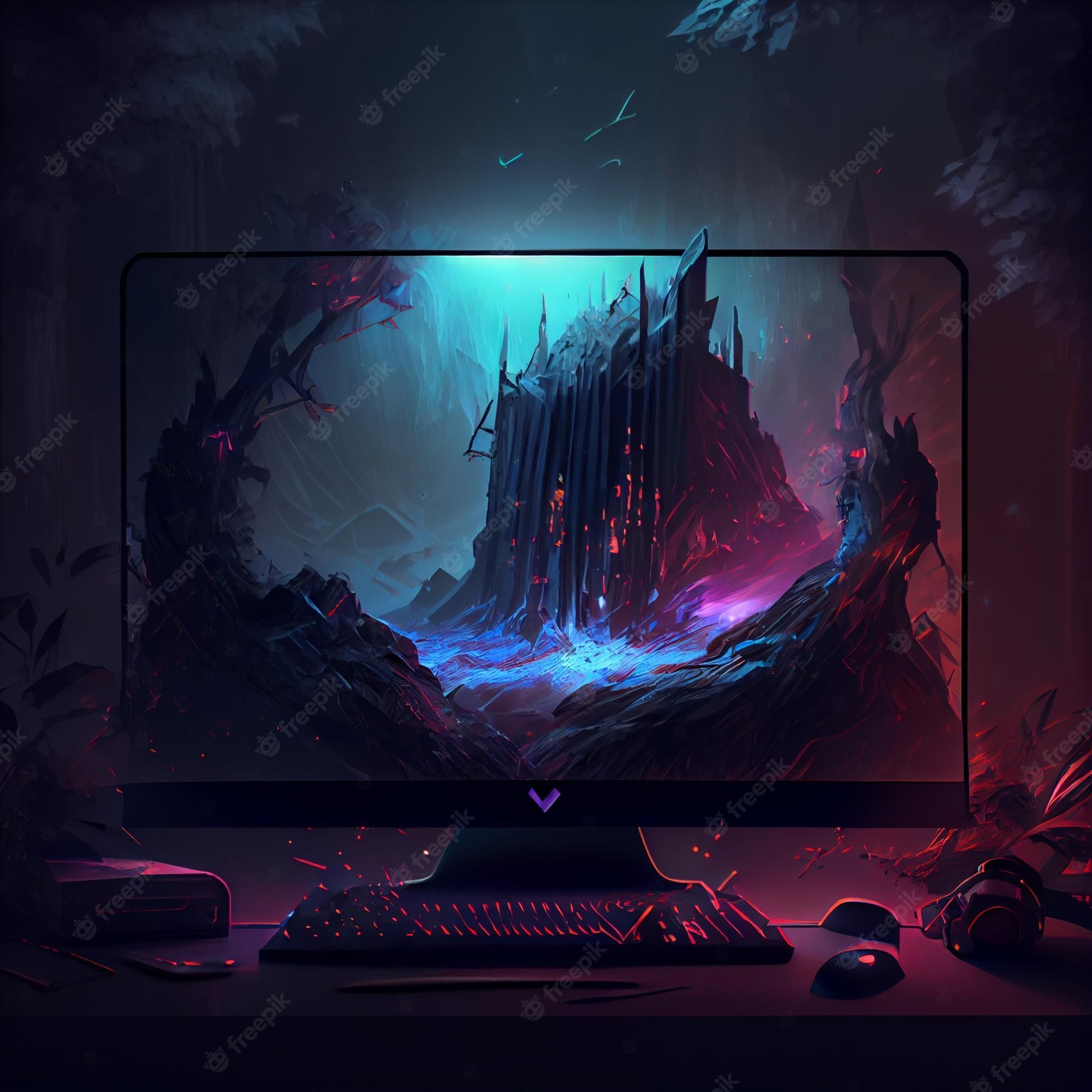 Monitor, Fantasy-Burg, Gaming-Setup, Dunkel, Türkis, Full HD, Hintergrundbild fürs Tablet