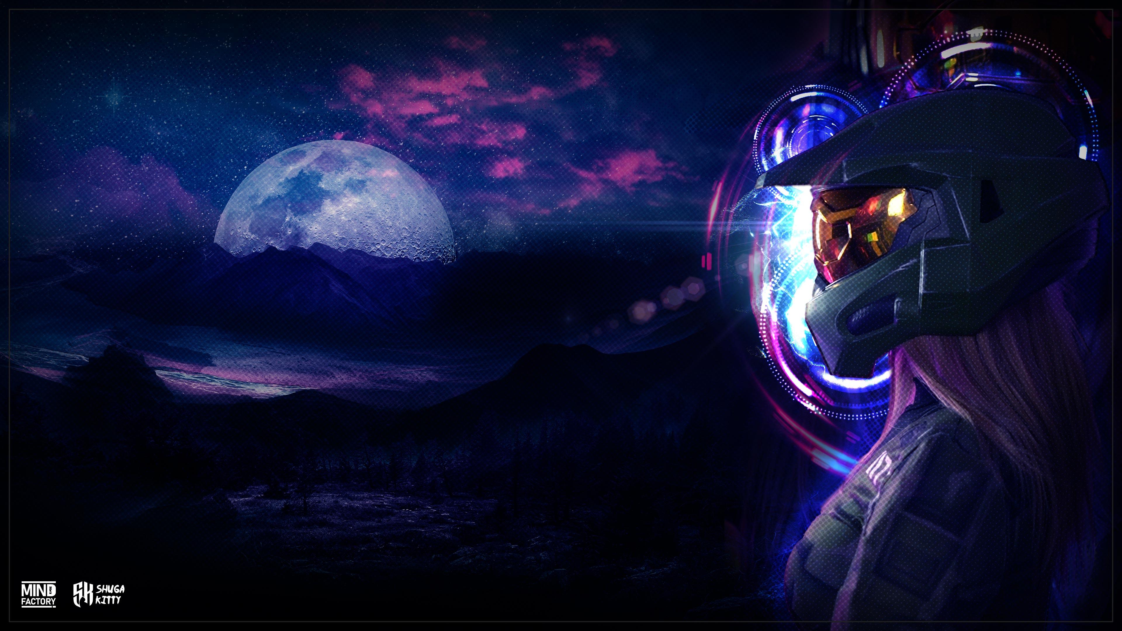 Helm, Sci-Fi, Mond, Nacht, Lila, Science-Fiction, 4K 2160p, Desktop-Hintergrundbild