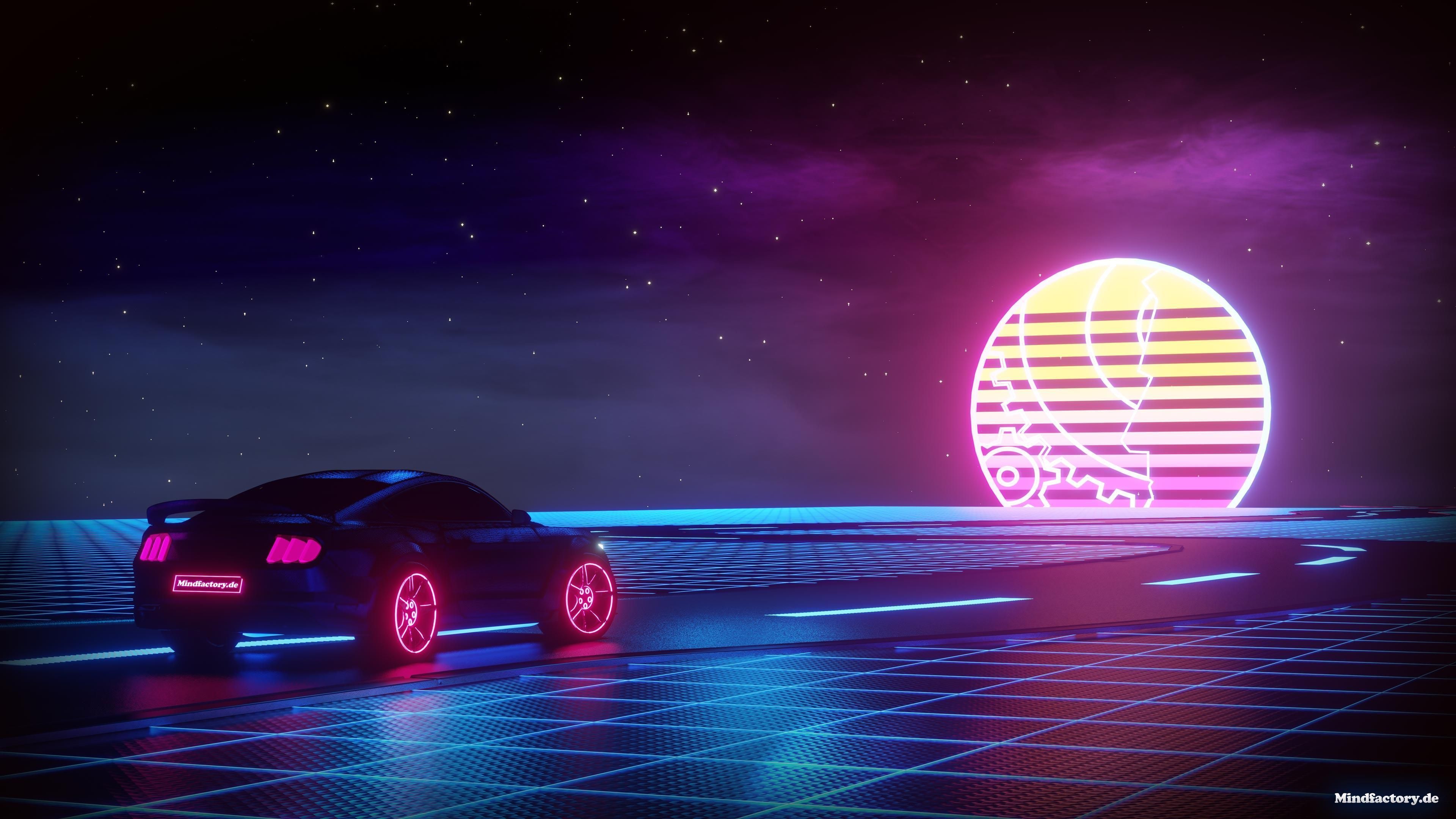 Retrowave, Sportwagen, Sonnenuntergang, Neon, Gitter, Synthwave, 4K, Breitbild-Hintergrundbild