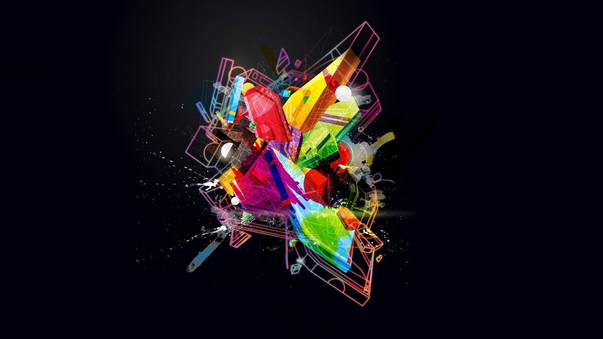 Geometrische Explosion, Bunte Formen, Schwarzer Hintergrund, 3D-Kunst, Full HD Wallpaper