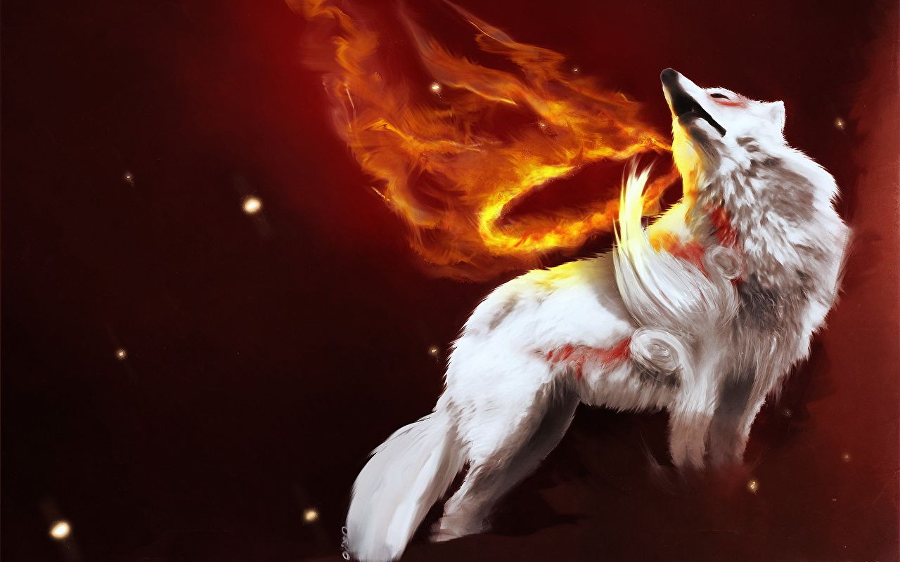 Amaterasu, Ōkami, Weißer Wolf, Feuer, Videospiel, HD, Desktop-Hintergrund für Windows