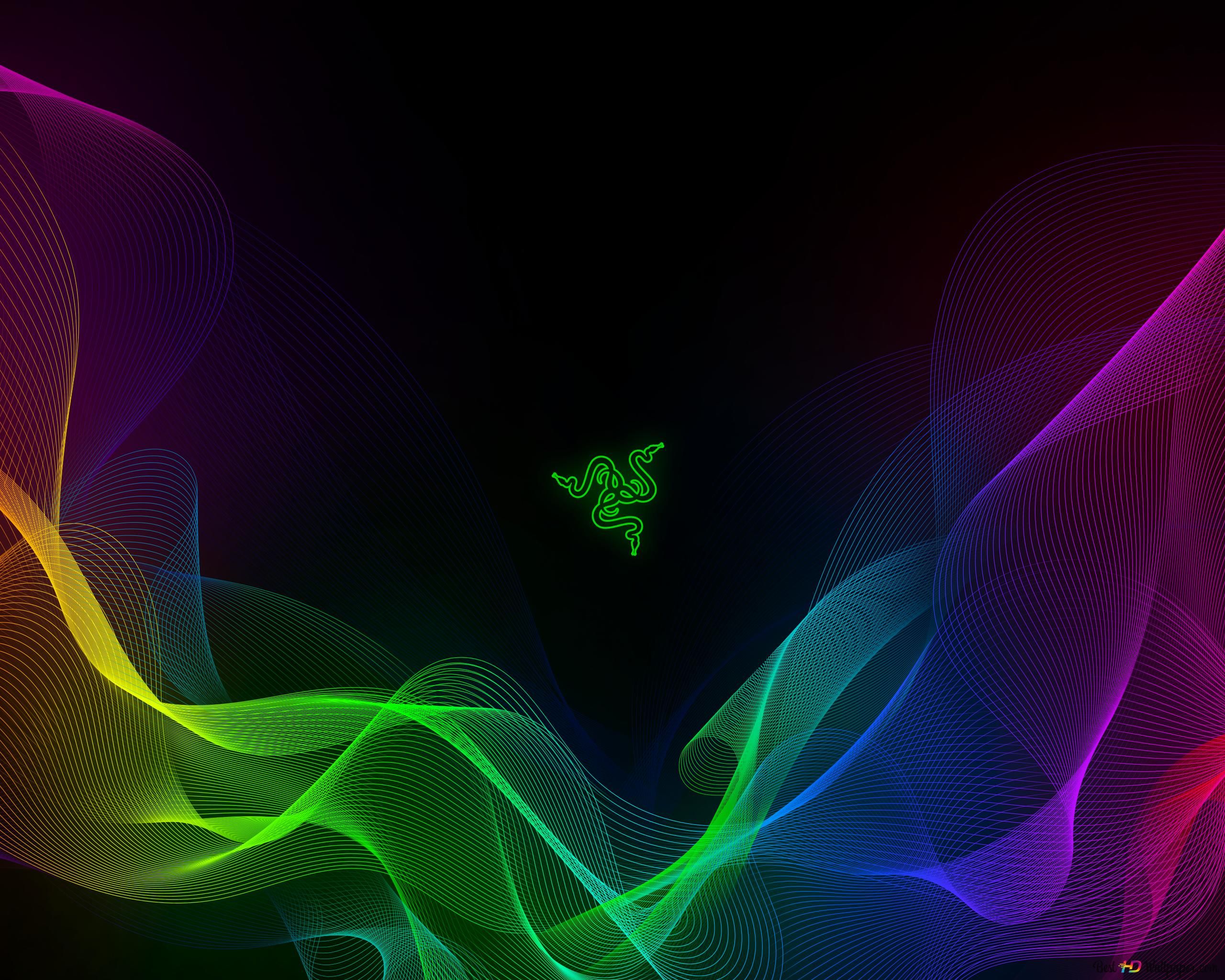Razer, Logo, Regenbogenwellen, Schwarzer Hintergrund, Minimalistisch, 2K Wallpaper