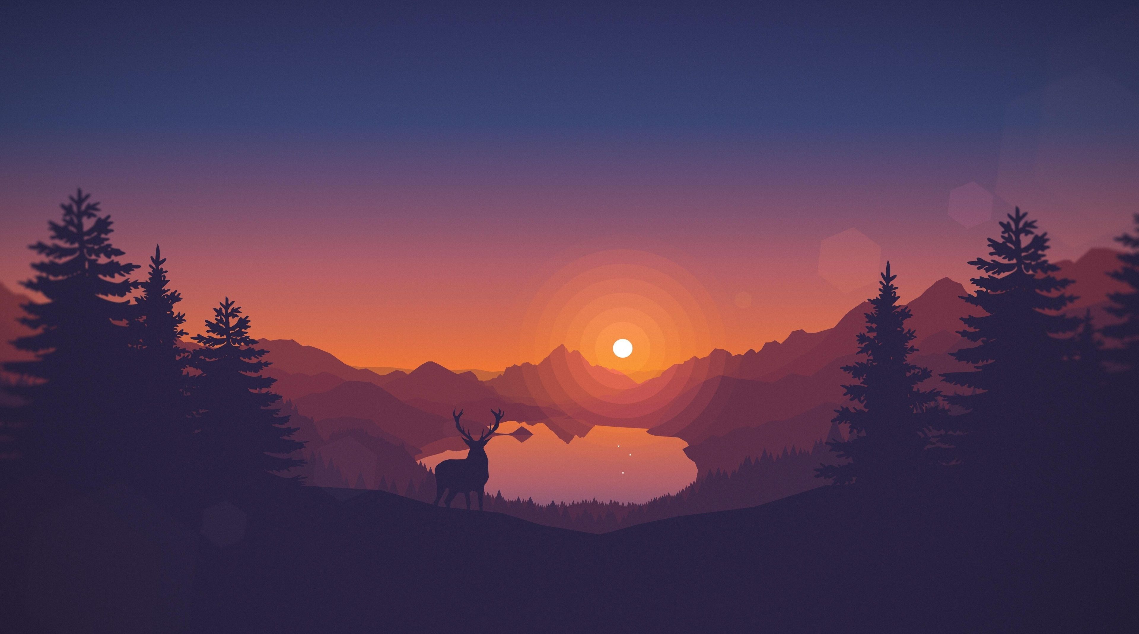 Hirsch, See, Sonnenuntergang, Wald, Flat Design, 4K, Hintergrundbild für den PC