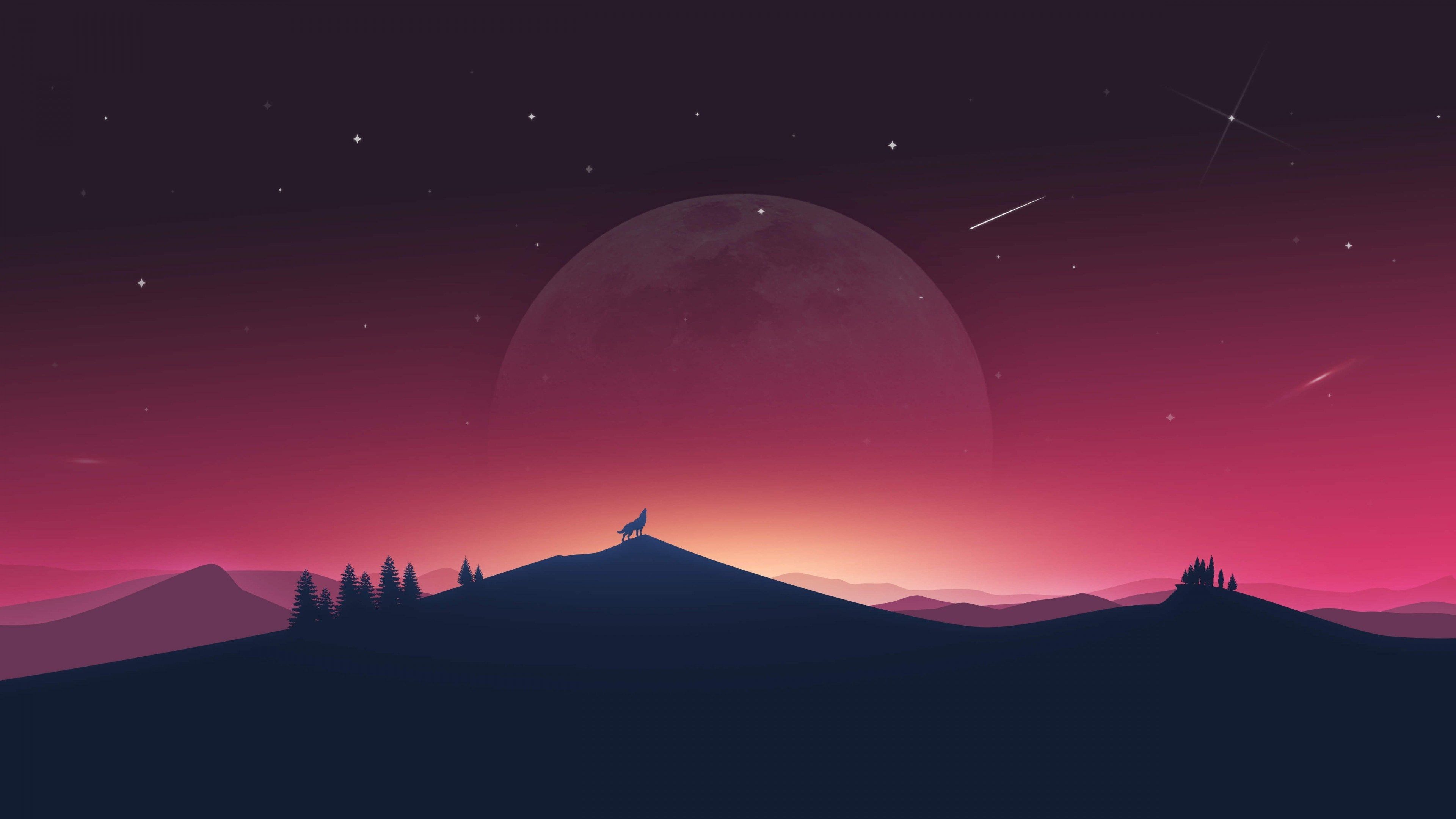 Wolf, Silhouette, Mond, Abendrot, Minimalistisch, 16:9, 4K-Hintergrundbild für den Desktop
