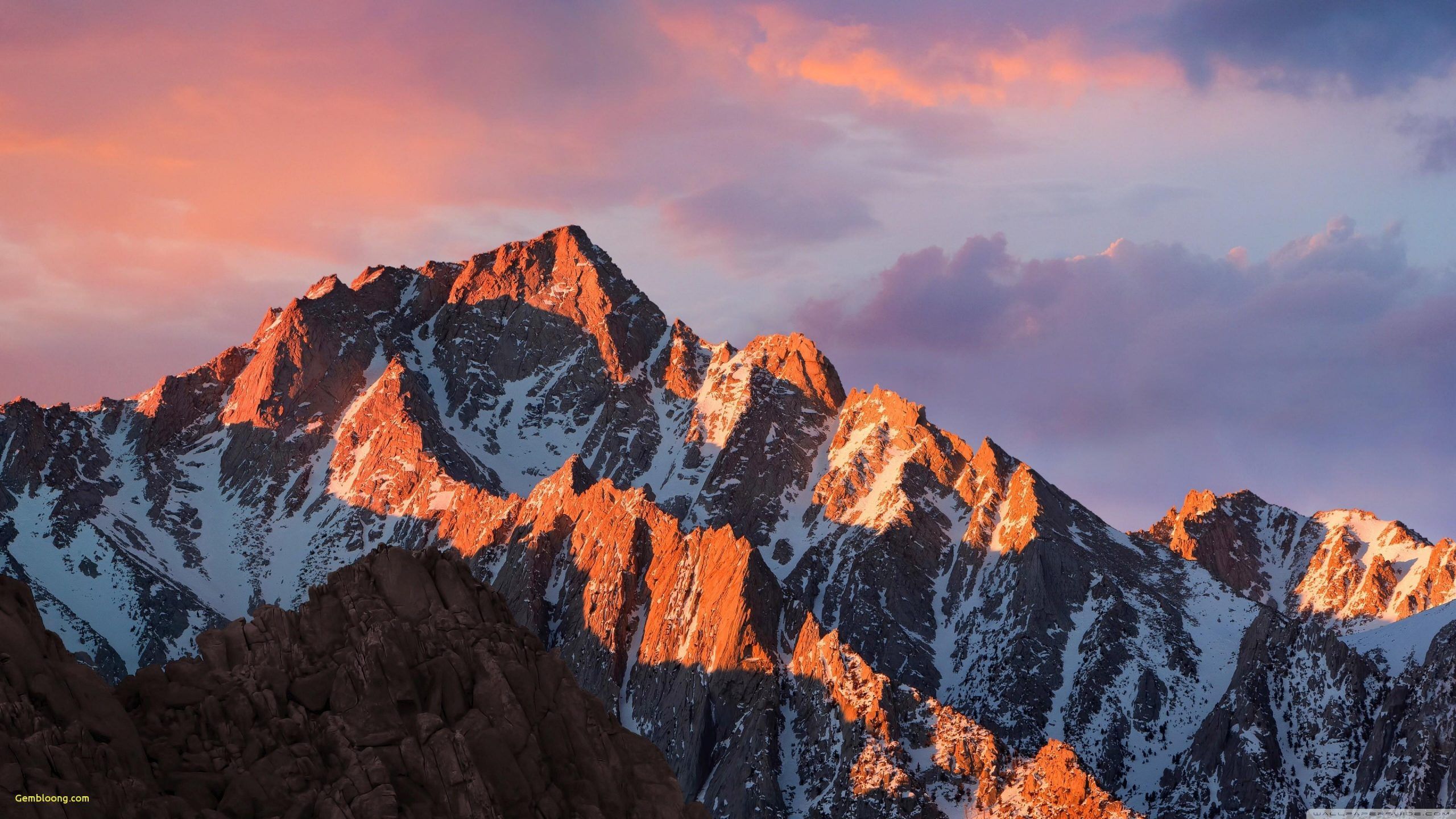 macOS Sierra, Berggipfel, Alpenglühen, Schnee, Sonnenuntergang, 2560x1440, PC-Hintergrundbild