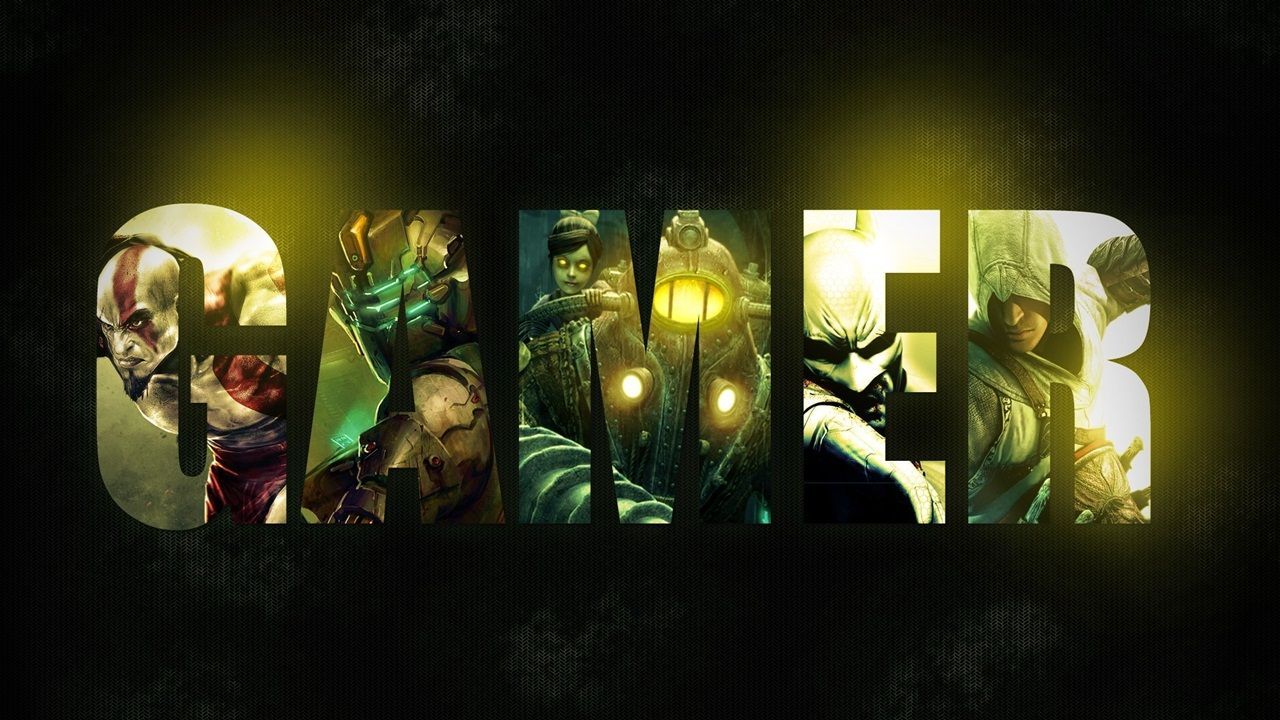 Gamer, Schriftzug, Kratos, Spielfiguren, Collage, Gelbes Licht, HD, Windows-Hintergrundbild