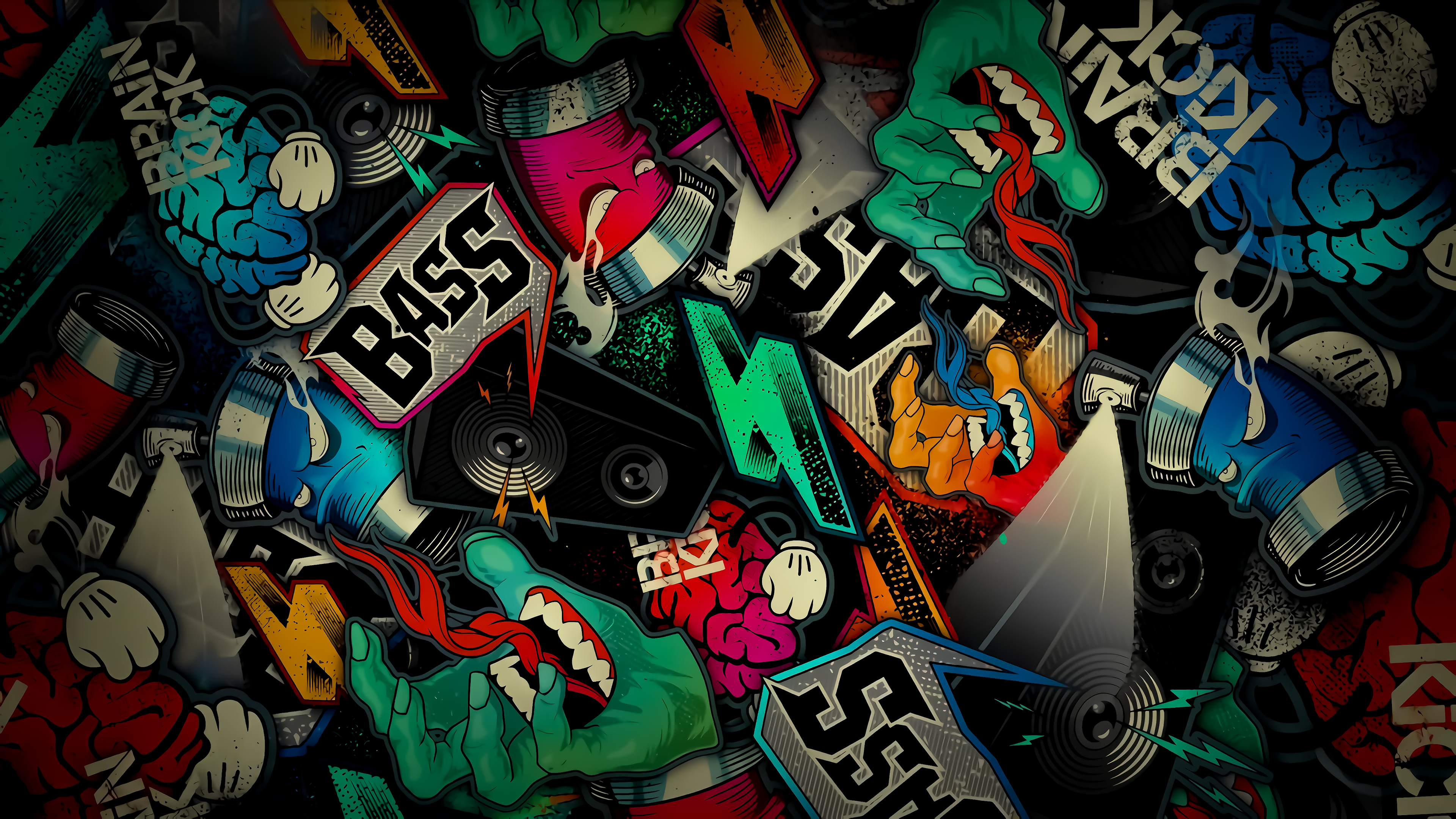 Sticker-Bombe, Bass, Graffiti, Collage, Bunt, 4K, Hintergrundbild für den PC
