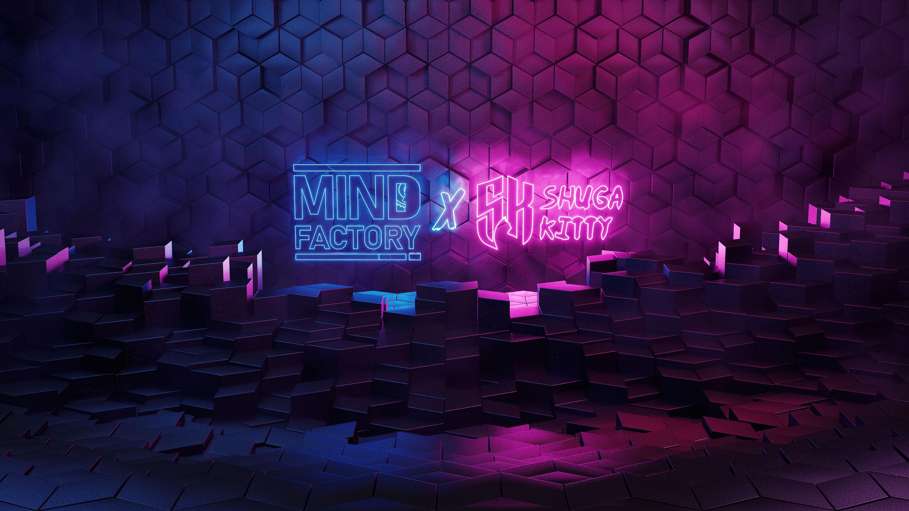 Mindfactory, Neonschrift, Sechsecke, Lila, Pink, 4K, Hintergrund für den Desktop
