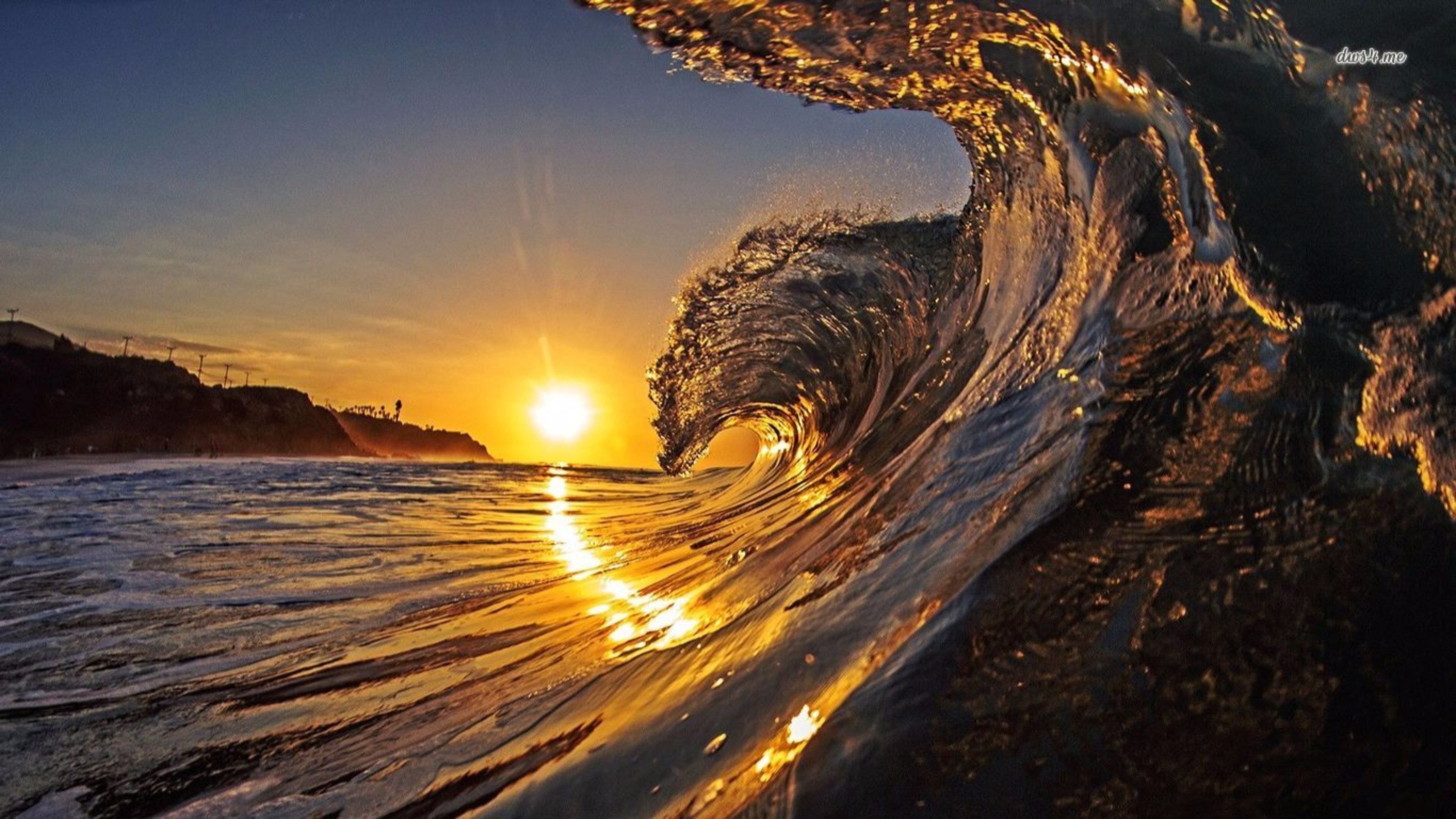 Welle, Sonnenuntergang, Meer, Gold, Brandung, 4K 2160p, Desktop-Hintergrundbild