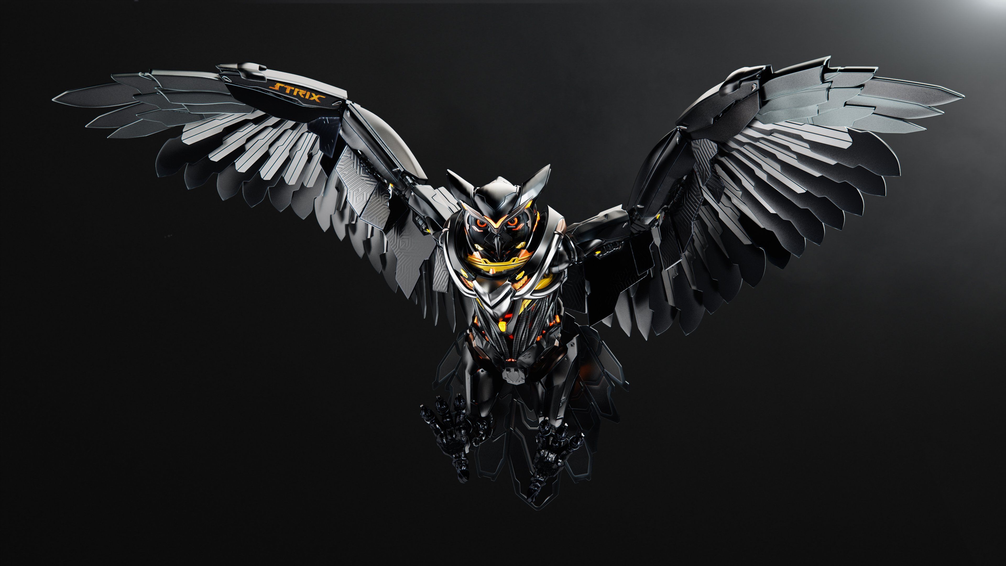 Mechanische Eule, Eule, Roboter, Flügel, Grauer Hintergrund, 4K Wallpaper