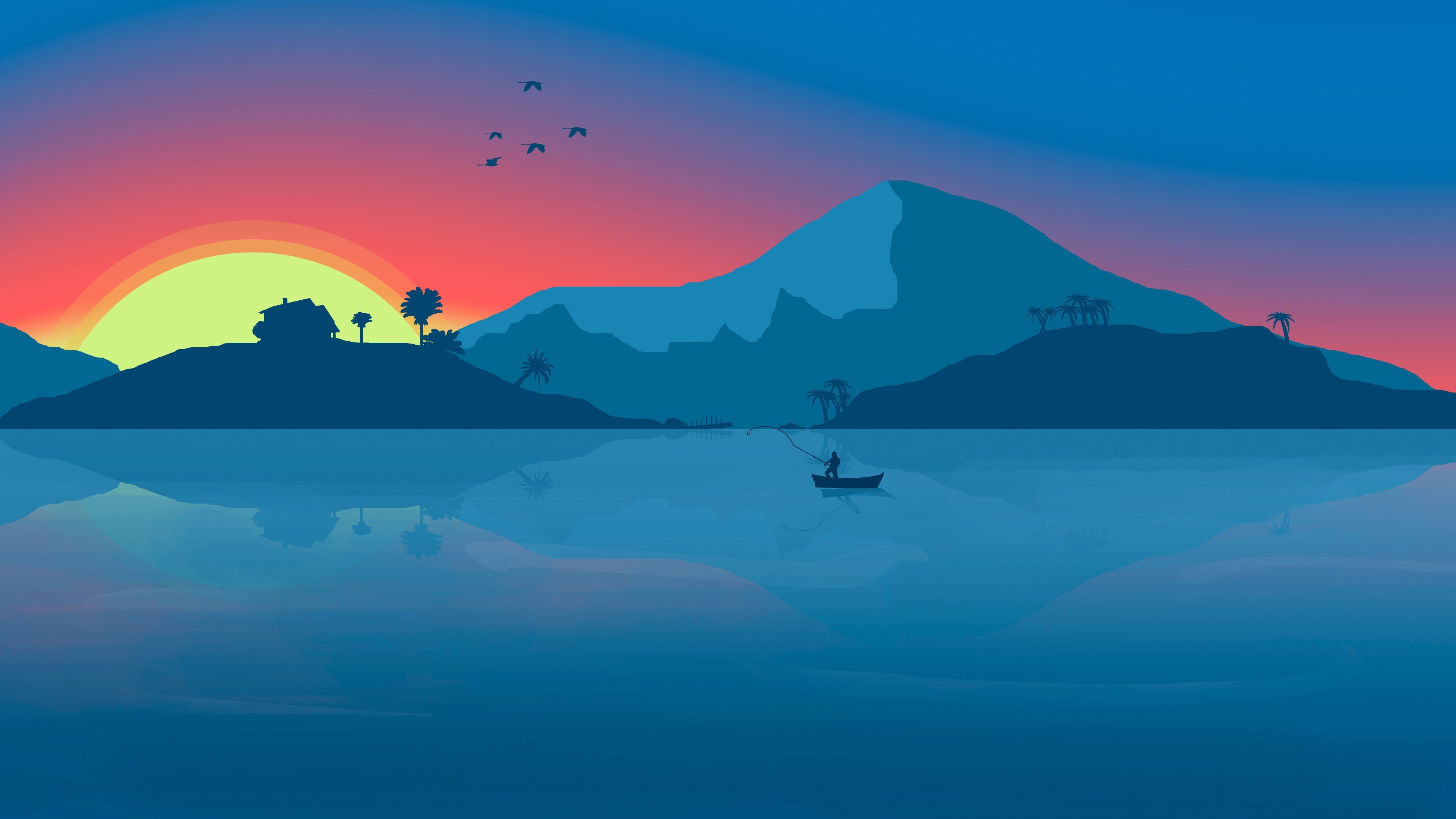 Berge, See, Sonnenuntergang, Boot, Flat Design, Blau, 4K, Hintergrund für den Desktop
