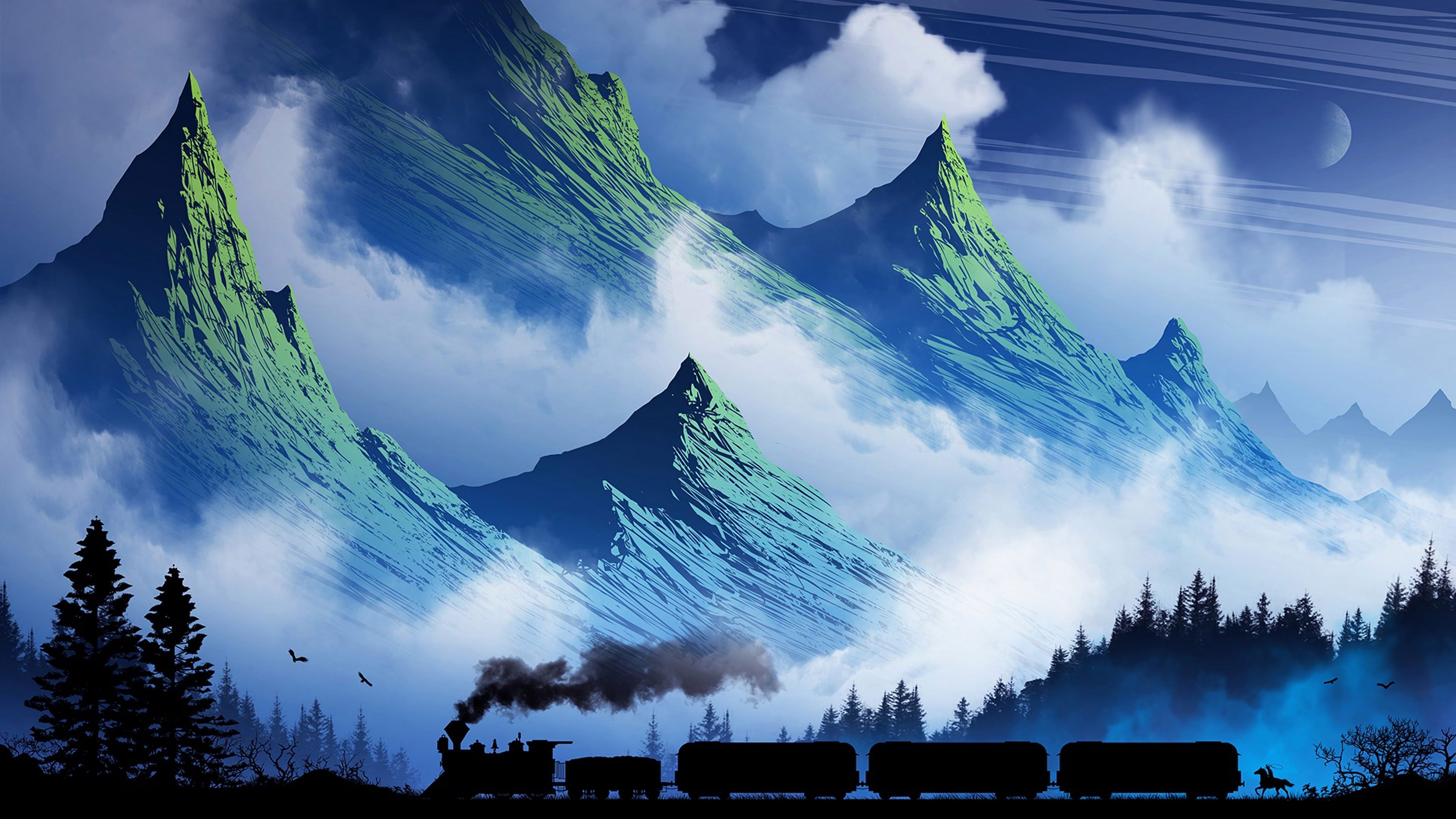 Grüne Berge, Zug, Wolken, Fantasy, Illustration, 16:9, 4K-Hintergrundbild für den Desktop