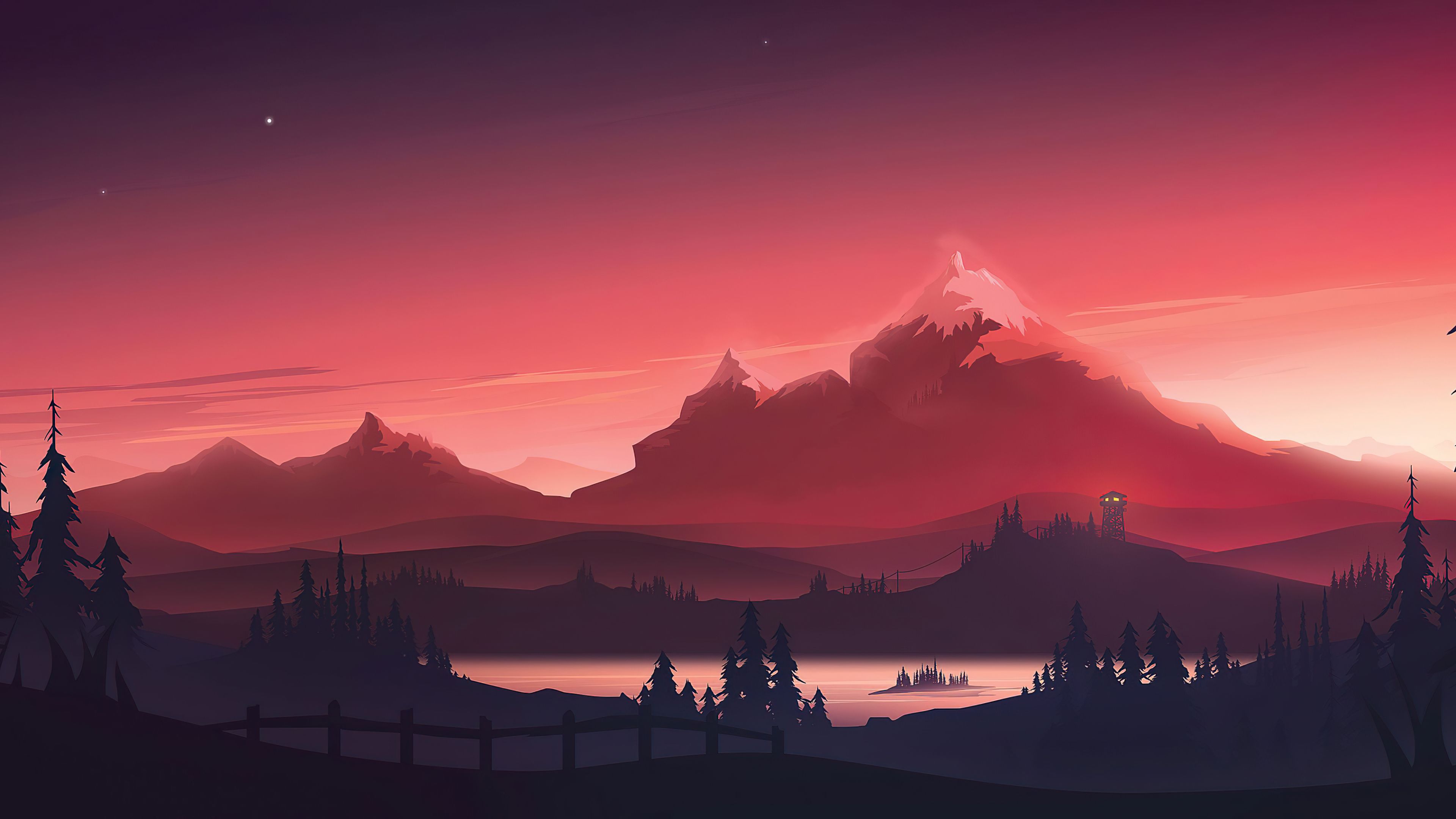 Berge, Sonnenuntergang, See, Wald, Flat Design, Rot, 3840x2160, 4K-Hintergrundbild für PC