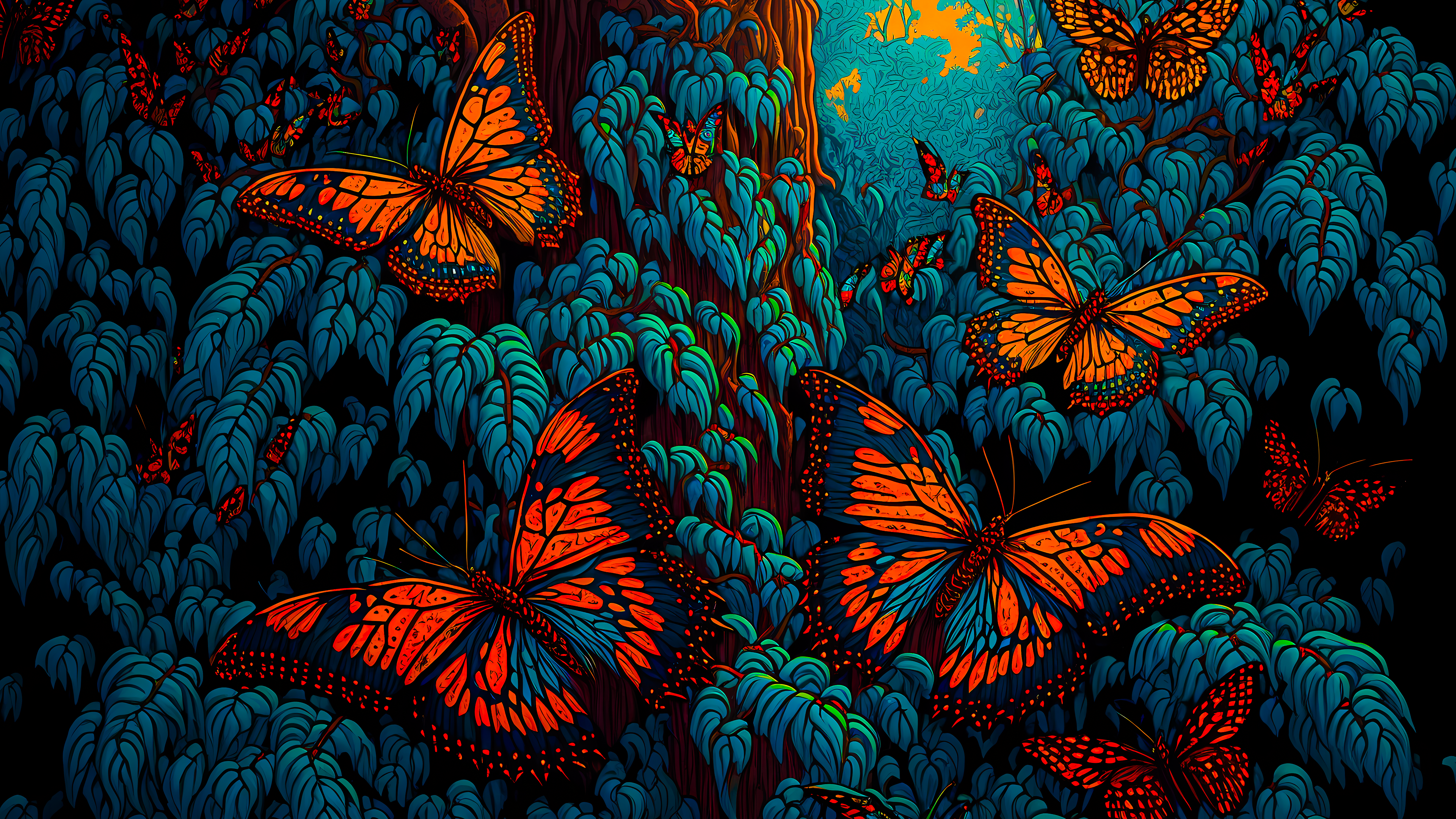 Monarchfalter, Schmetterlinge, Blätter, Illustration, Orange, Türkis, 3840x2160, Desktop-Hintergrund
