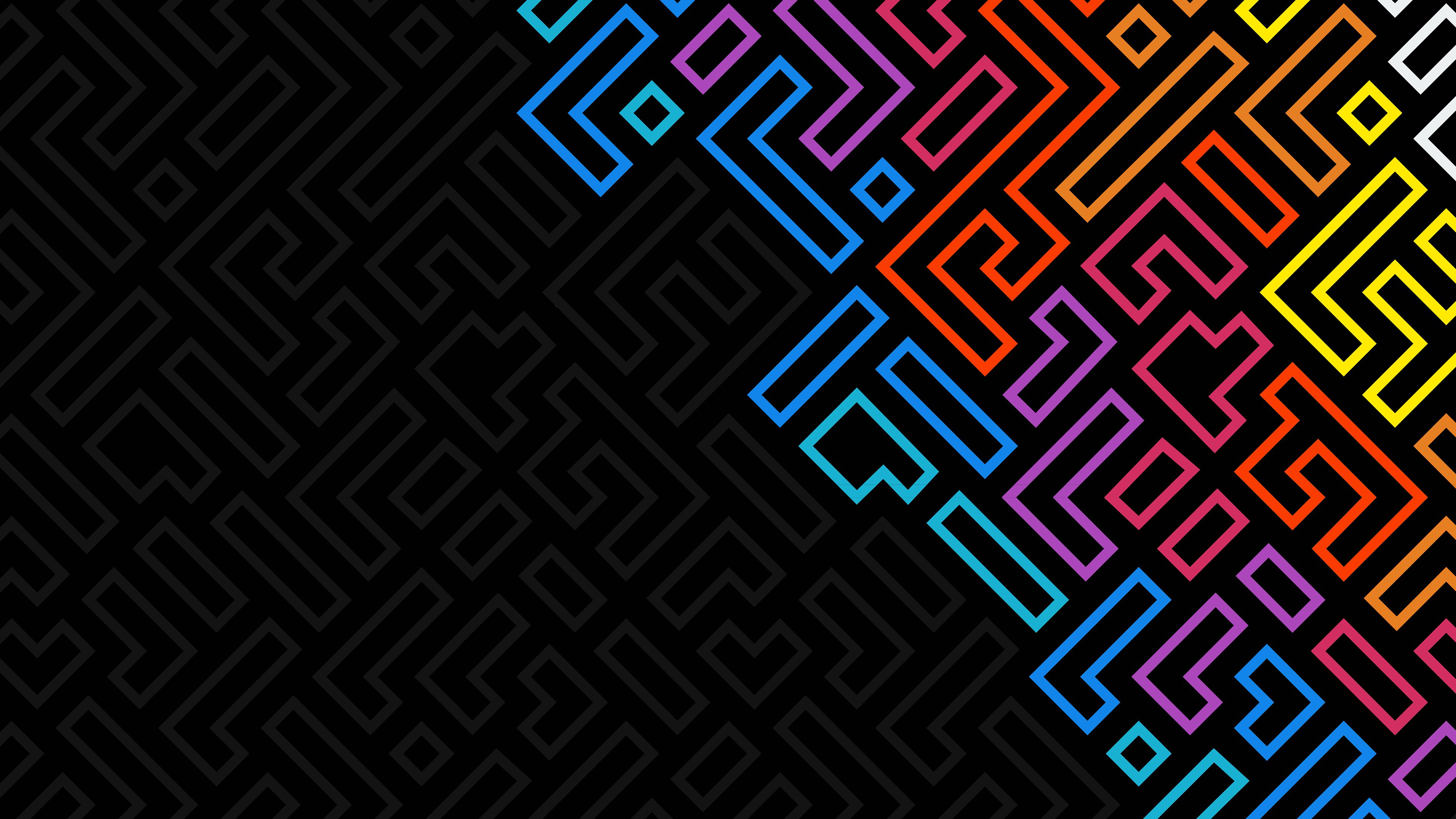 Labyrinth, Linienmuster, Regenbogenfarben, Schwarz, Geometrisch, 3840x2160, PC-Hintergrundbild