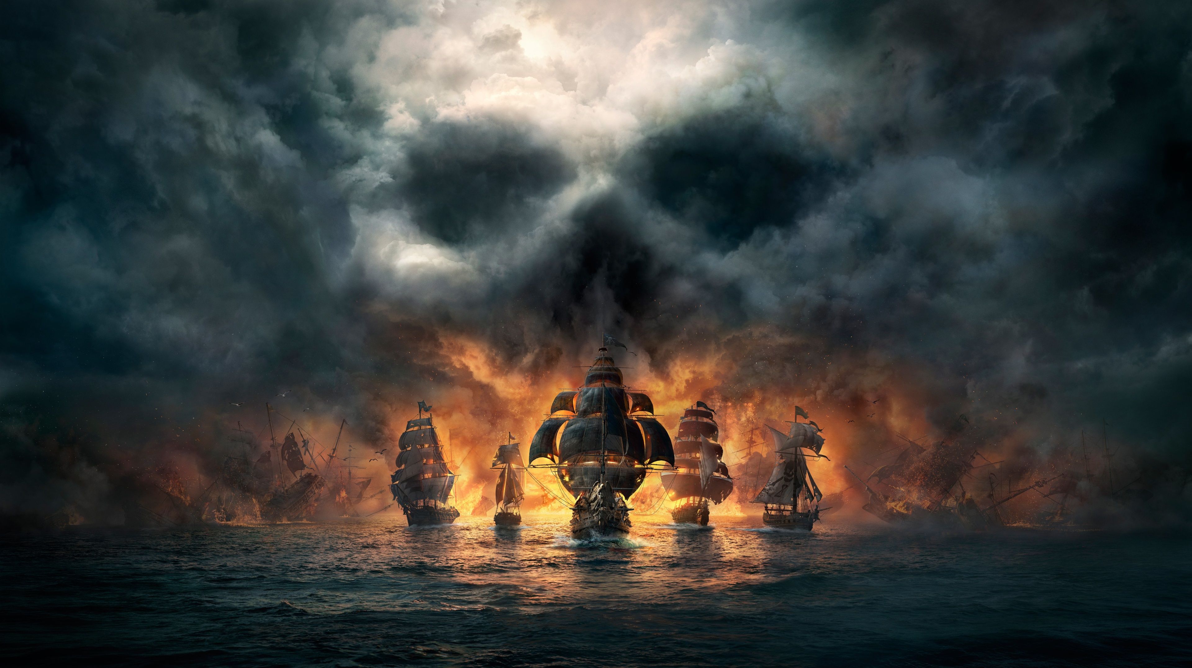 Skull and Bones, Piratenschiffe, Totenkopf-Wolken, Meer, Feuer, Düster, 4K, Laptop-Hintergrundbild