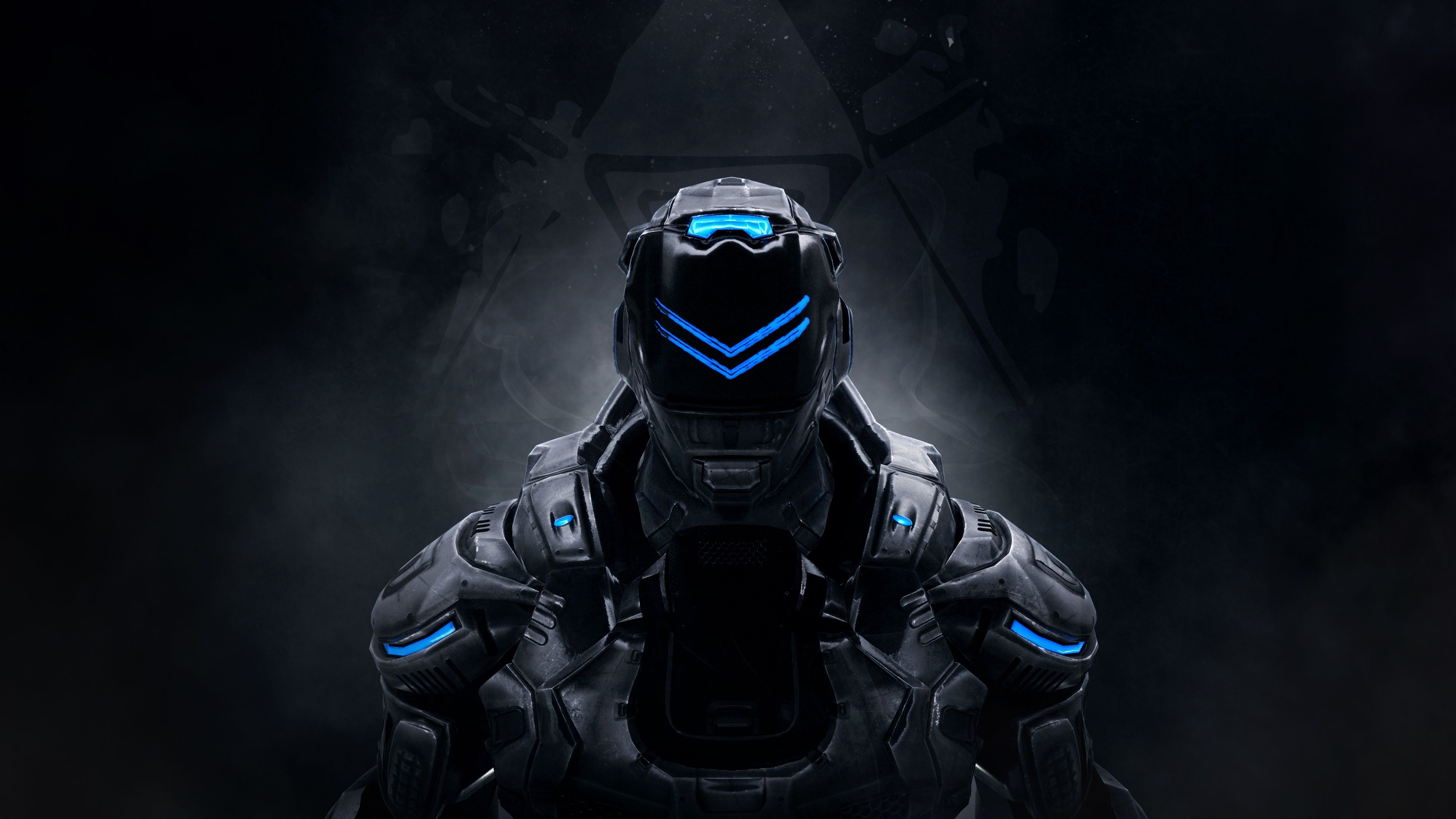 Roboter, Sci-Fi-Soldat, Rüstung, Blaue Lichter, Dunkel, 4K, Hintergrund für den Desktop