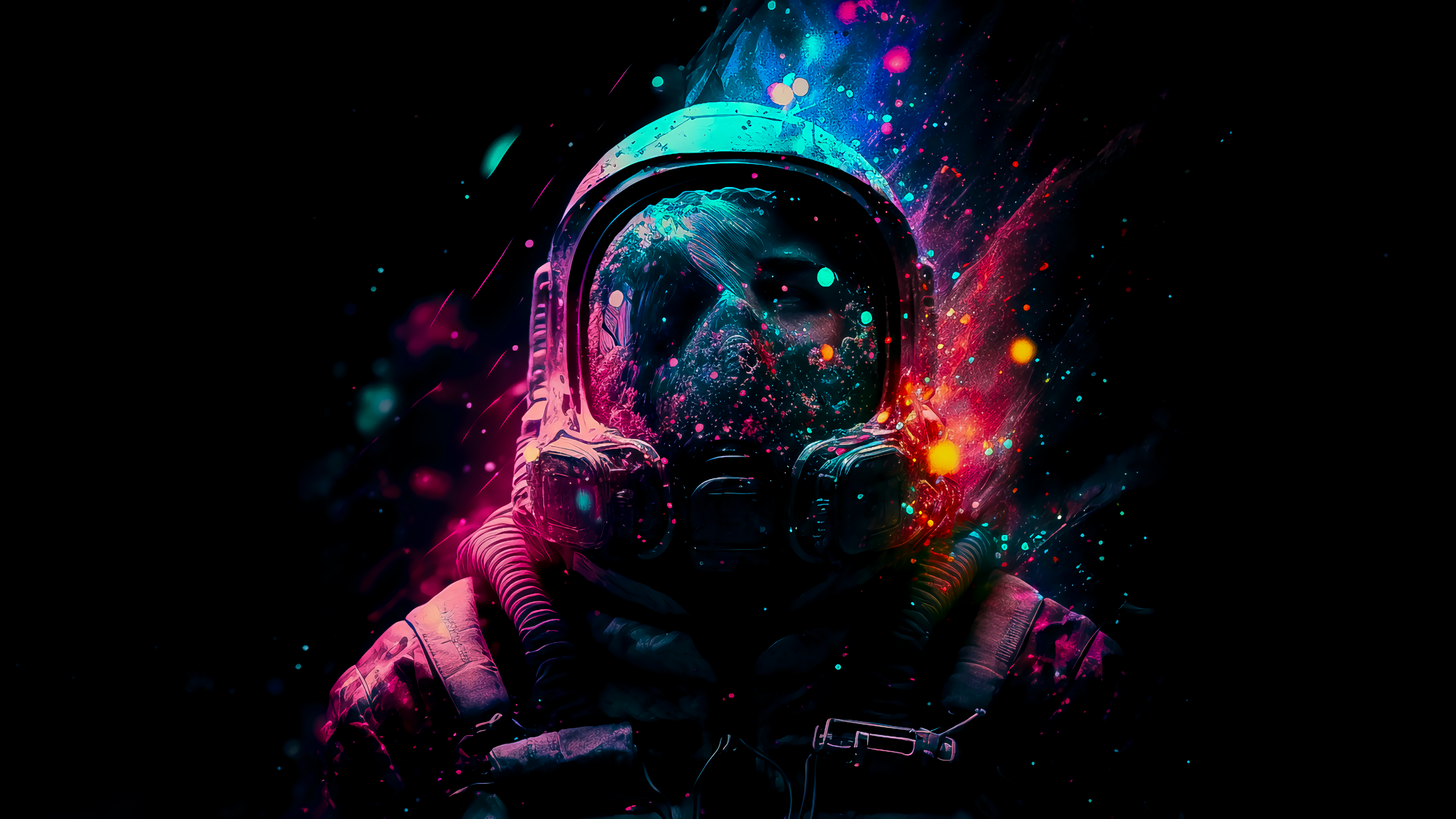 Astronaut, Totenkopf, Farbspritzer, Schwarzer Hintergrund, Digitale Kunst, 4K Wallpaper