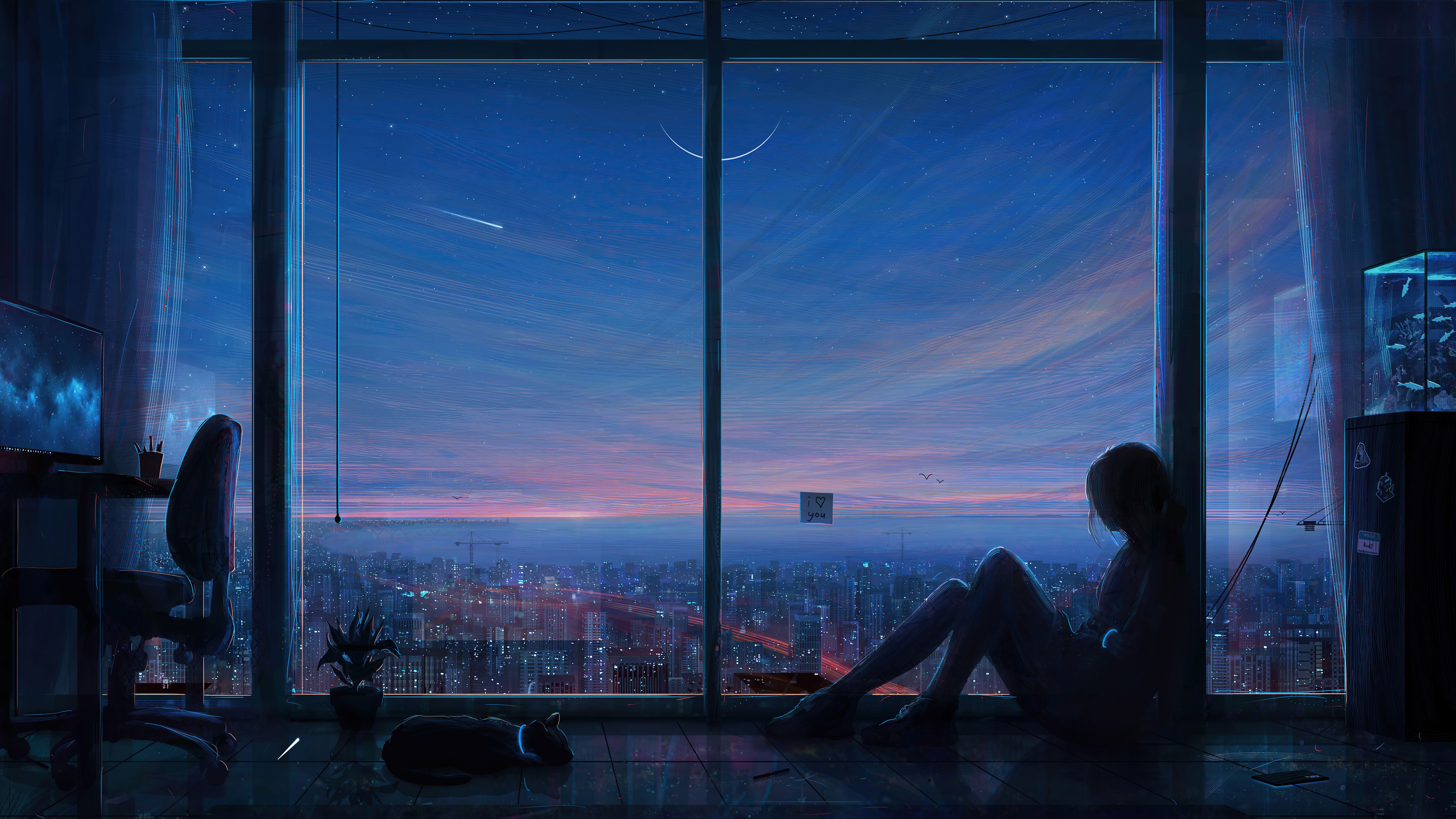 Anime-Stil, Mädchen, Fenster, Stadtblick, Nacht, Melancholisch, 5K, Laptop-Hintergrundbild