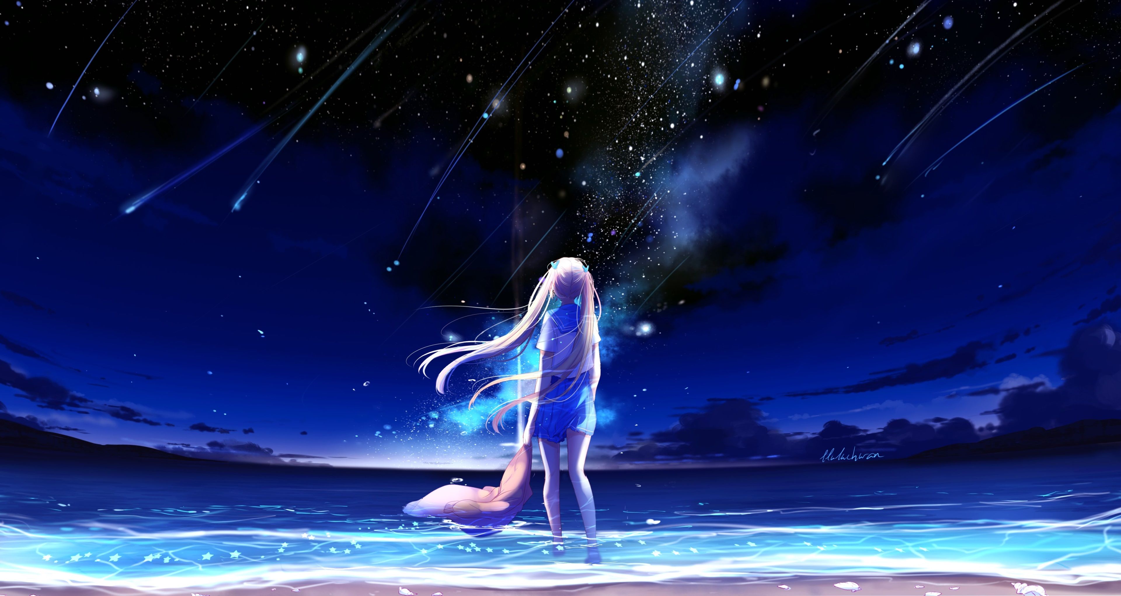 Anime-Mädchen, Sternschnuppen, Strand, Nachthimmel, Blau, 4K, Desktop-Hintergrund