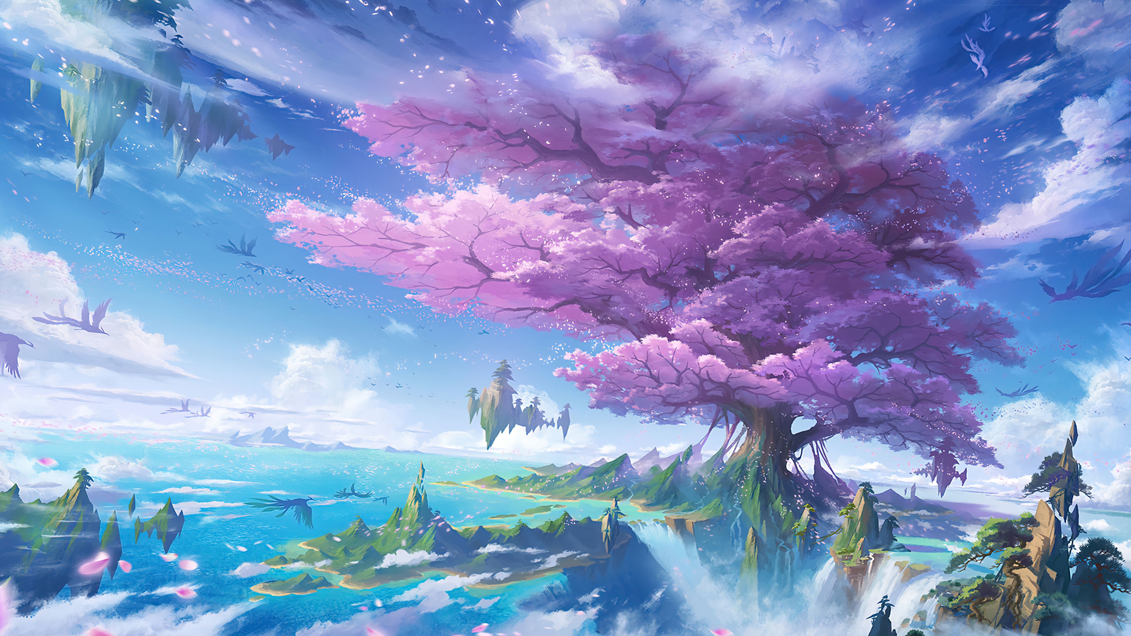 Rosa Baum, Schwebende Inseln, Fantasy, Himmel, Wolken, 16:9, 4K-Hintergrundbild für den Desktop