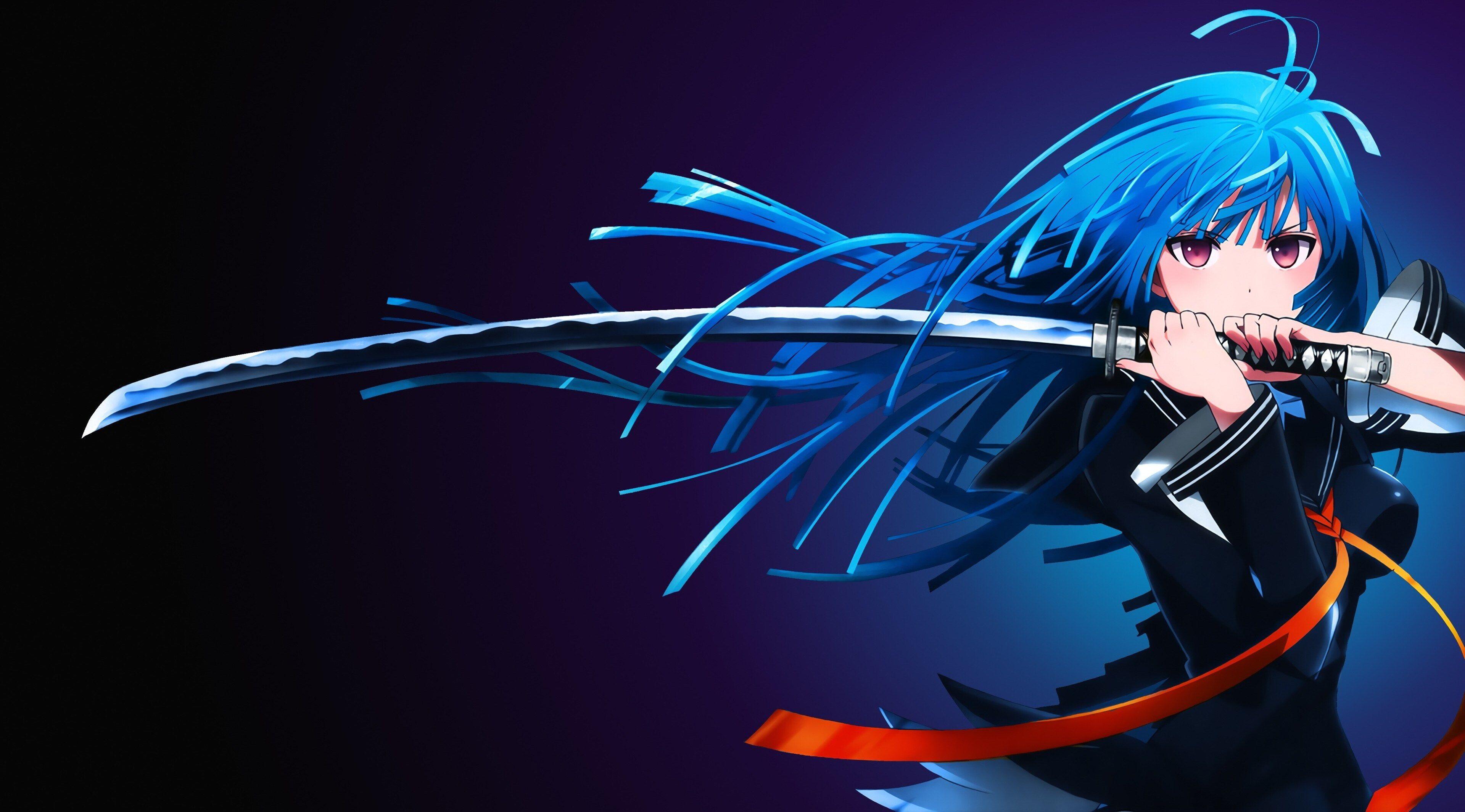 Anime-Mädchen, Katana, Blaue Haare, Schwert, Lila Hintergrund, 4K Wallpaper