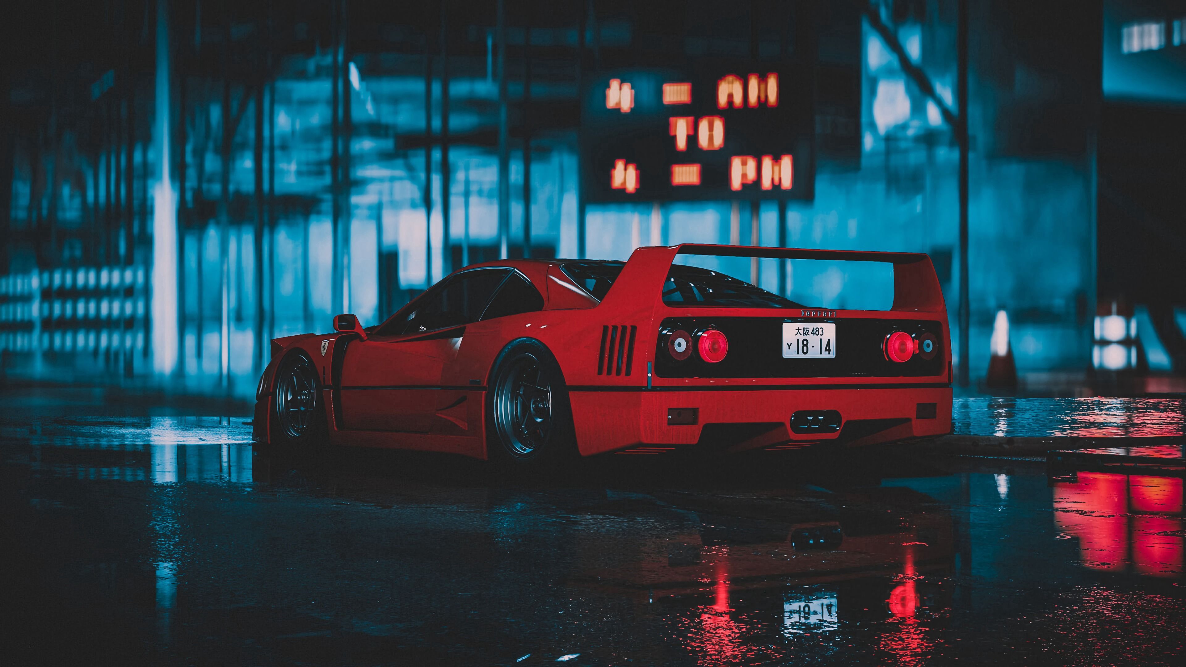 Ferrari F40, Ferrari, Rotes Auto, Regen, Nacht, Spiegelung, 4K, Breitbild-Hintergrundbild