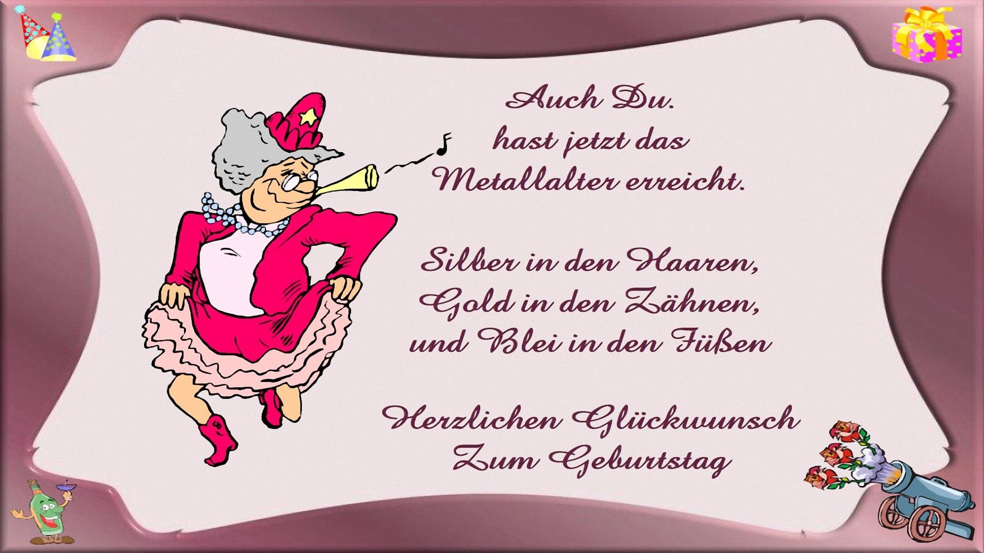 Geburtstagsgruß, Silber in den Haaren, Oma, Cartoon, Metallalter, Lustiger Spruch, Full-HD-Hintergrund